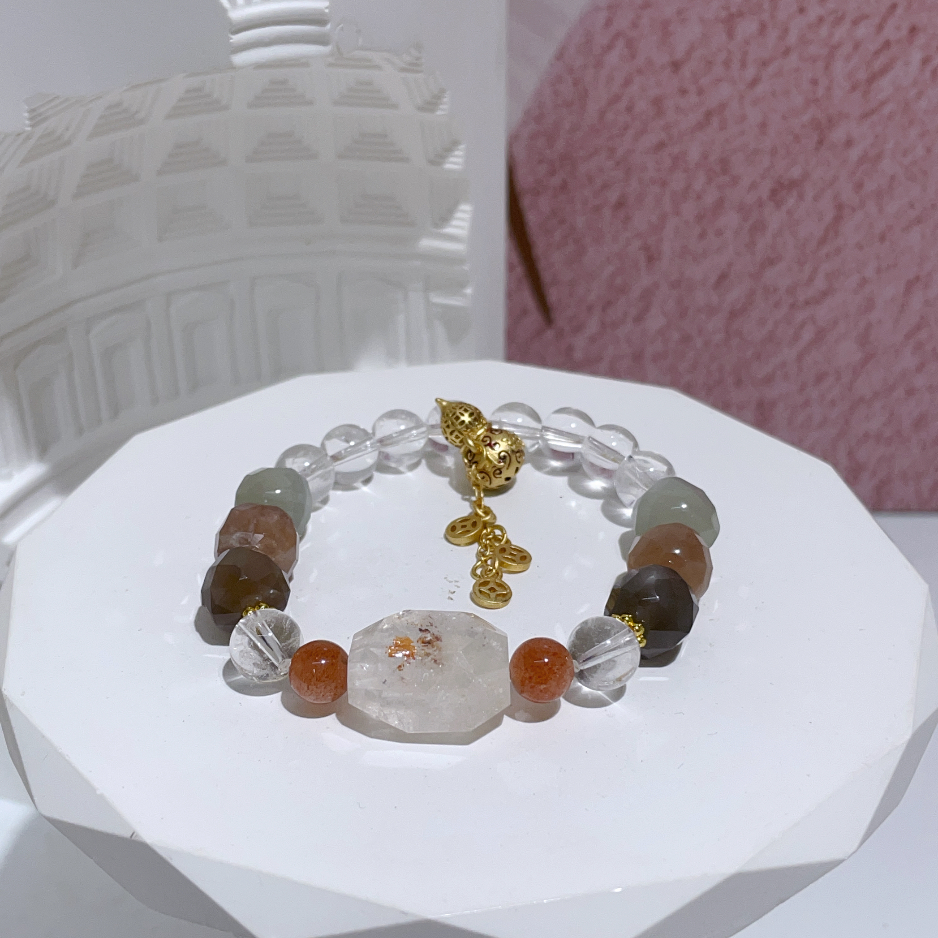 小灑金・錦鋰膠花彩月光白水晶金太陽