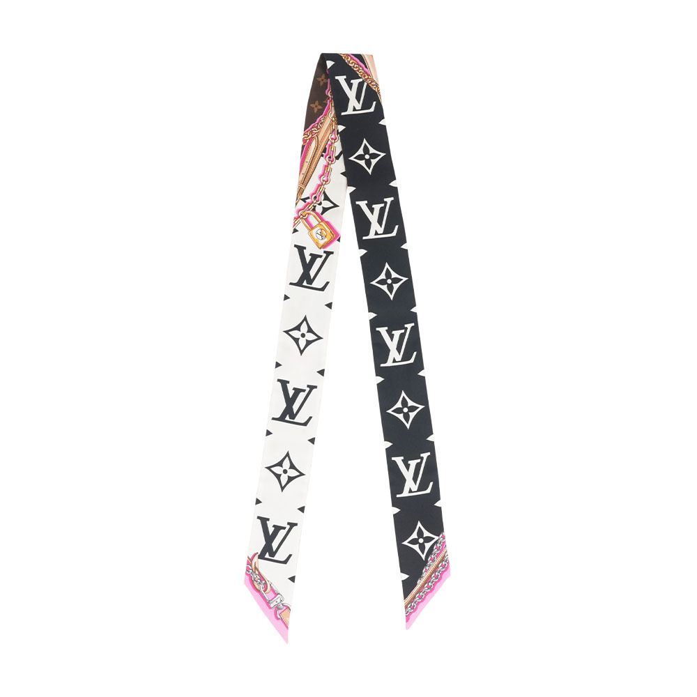 【Louis Vuitton】Ultimate Monogram BB 鍊條鎖扣圖案Twilly 絲巾(黑色/粉色)