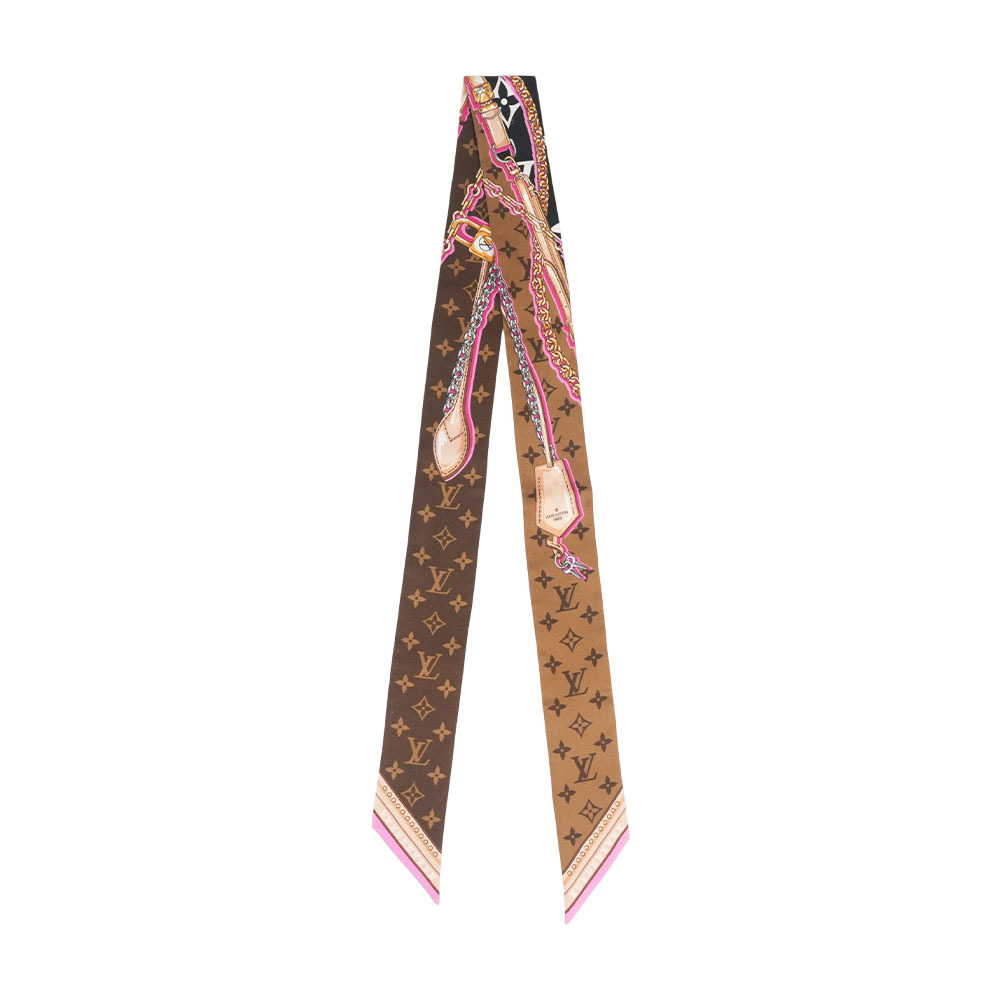 【Louis Vuitton】Ultimate Monogram BB 鍊條鎖扣圖案Twilly 絲巾(黑色/粉色)
