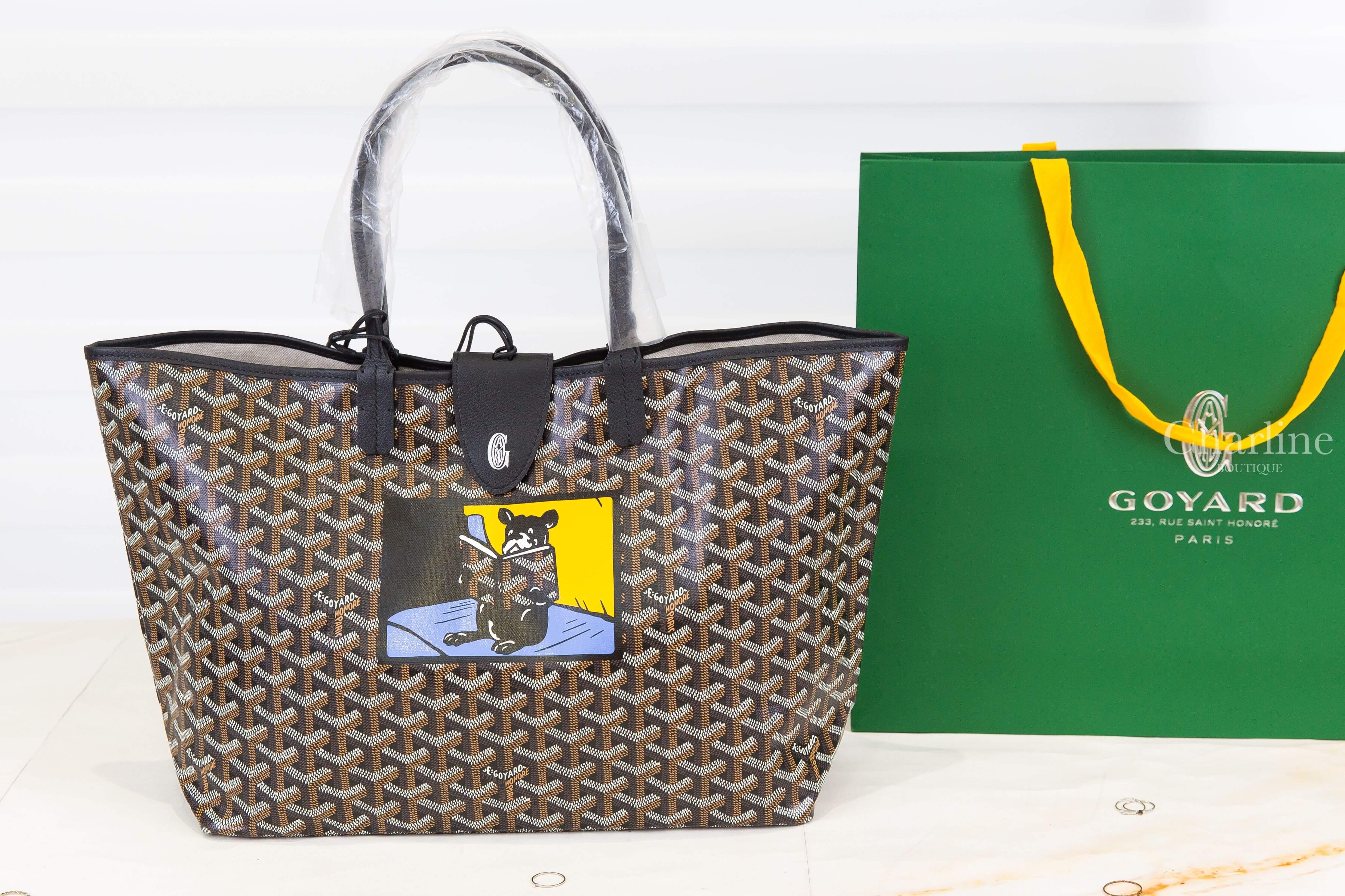 Goyard Saint Louis PM Bag 黑色客製化讀書法鬥彩繪帆布小牛皮同色提把小型無拉鍊含包夾托特包-Charline Boutique 精品代購