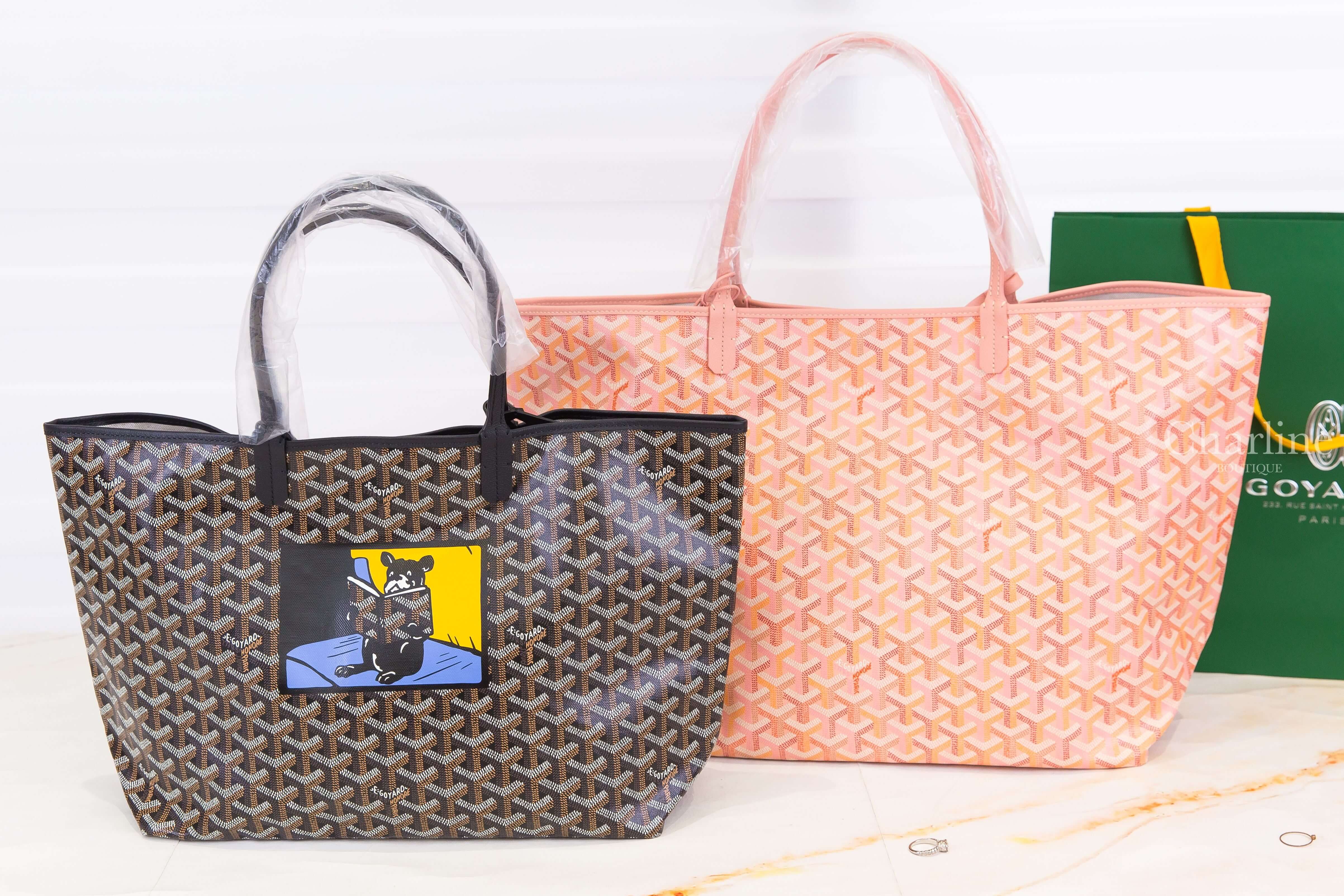 Goyard Saint Louis PM 黑色客製化讀書法鬥彩繪帆布小牛皮同色提把小型無拉鍊含包夾托特包,Goyard Saint Louis GM 腮紅粉帆布小牛皮同色提把大型無拉鍊含包夾托特包-Charline Boutique 精品代購