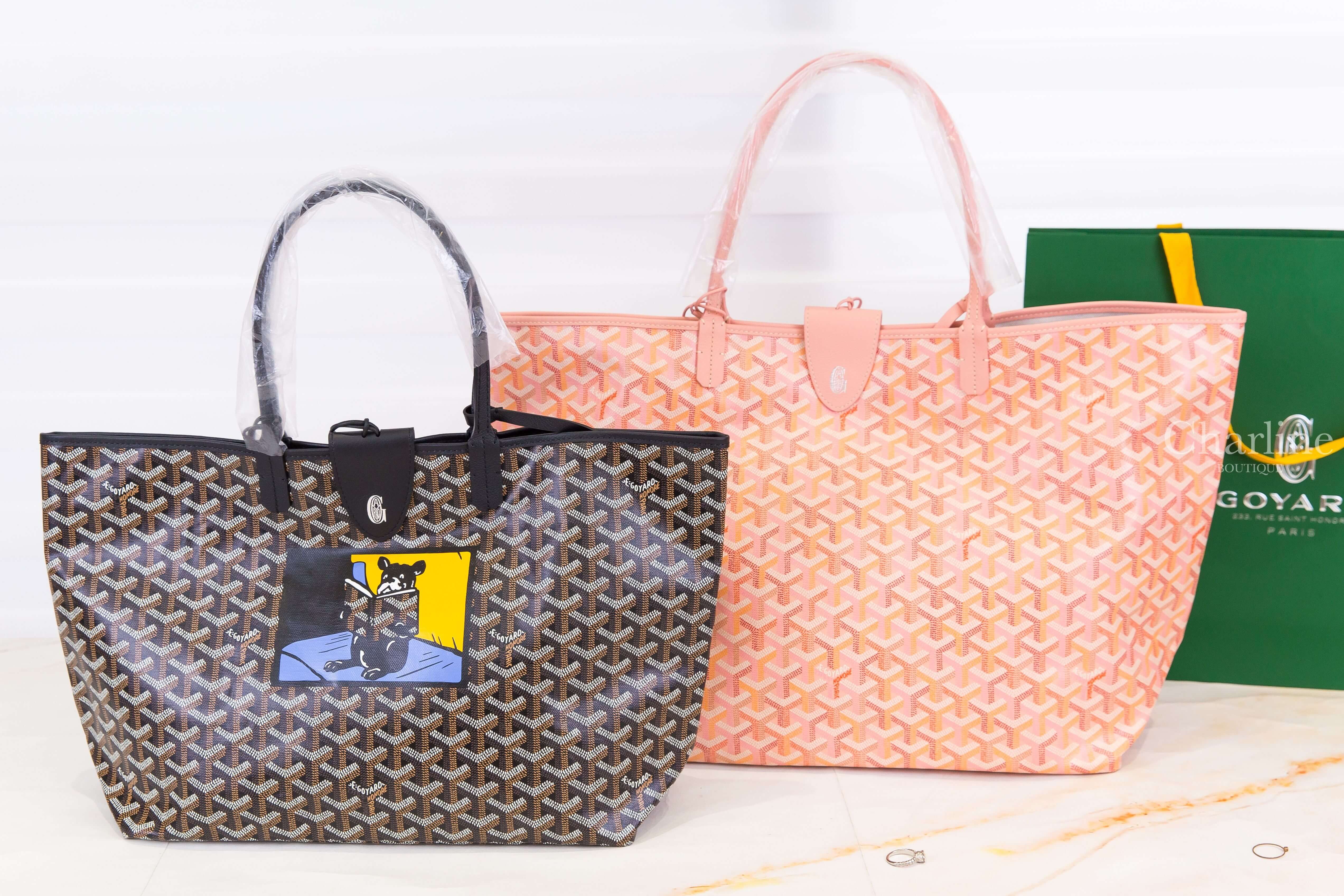 Goyard Saint Louis PM 黑色客製化讀書法鬥彩繪帆布小牛皮同色提把小型無拉鍊含包夾托特包,Goyard Saint Louis GM 腮紅粉帆布小牛皮同色提把大型無拉鍊含包夾托特包-Charline Boutique 精品代購