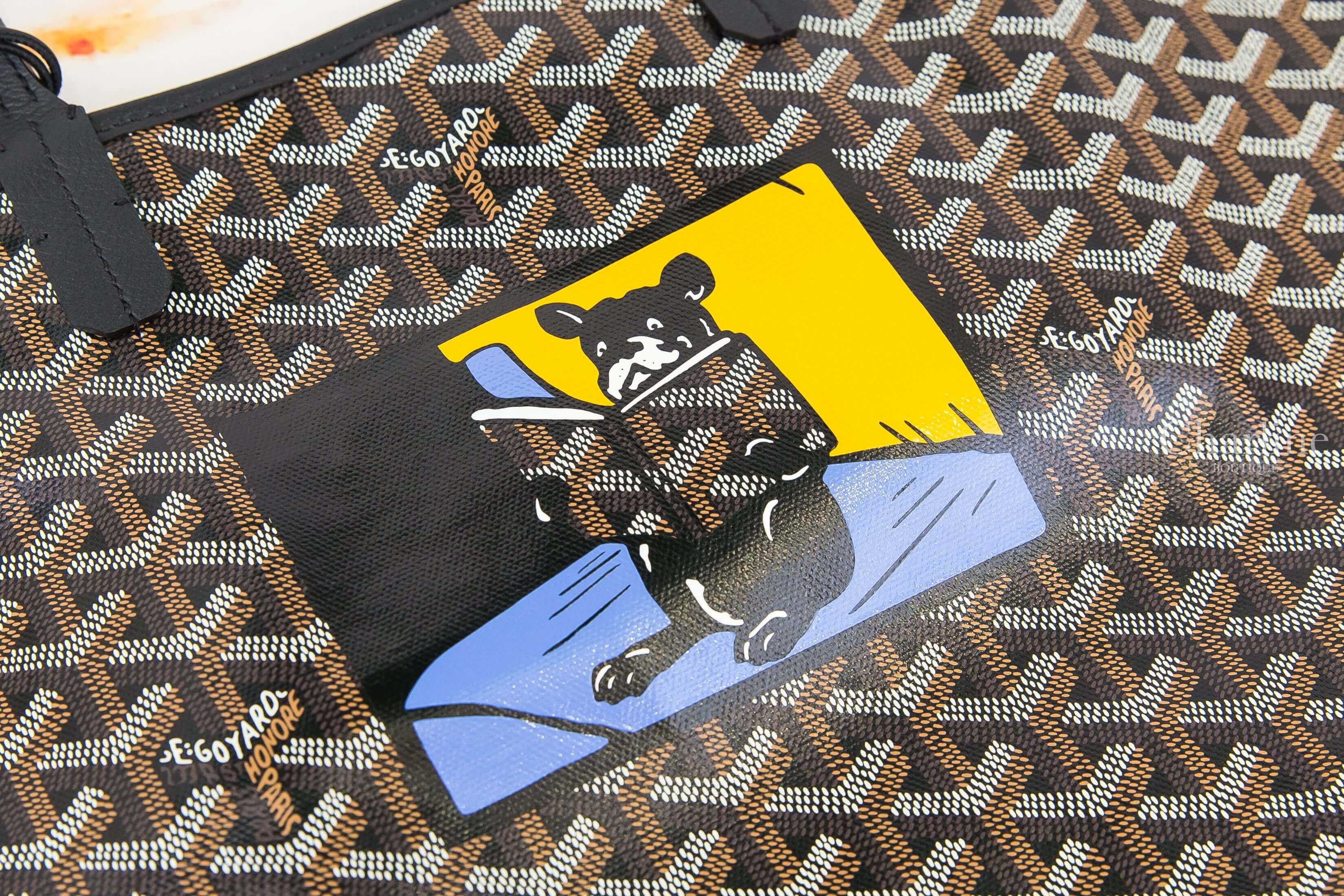 Goyard Saint Louis PM Bag 黑色客製化讀書法鬥彩繪帆布小牛皮同色提把小型無拉鍊含包夾托特包