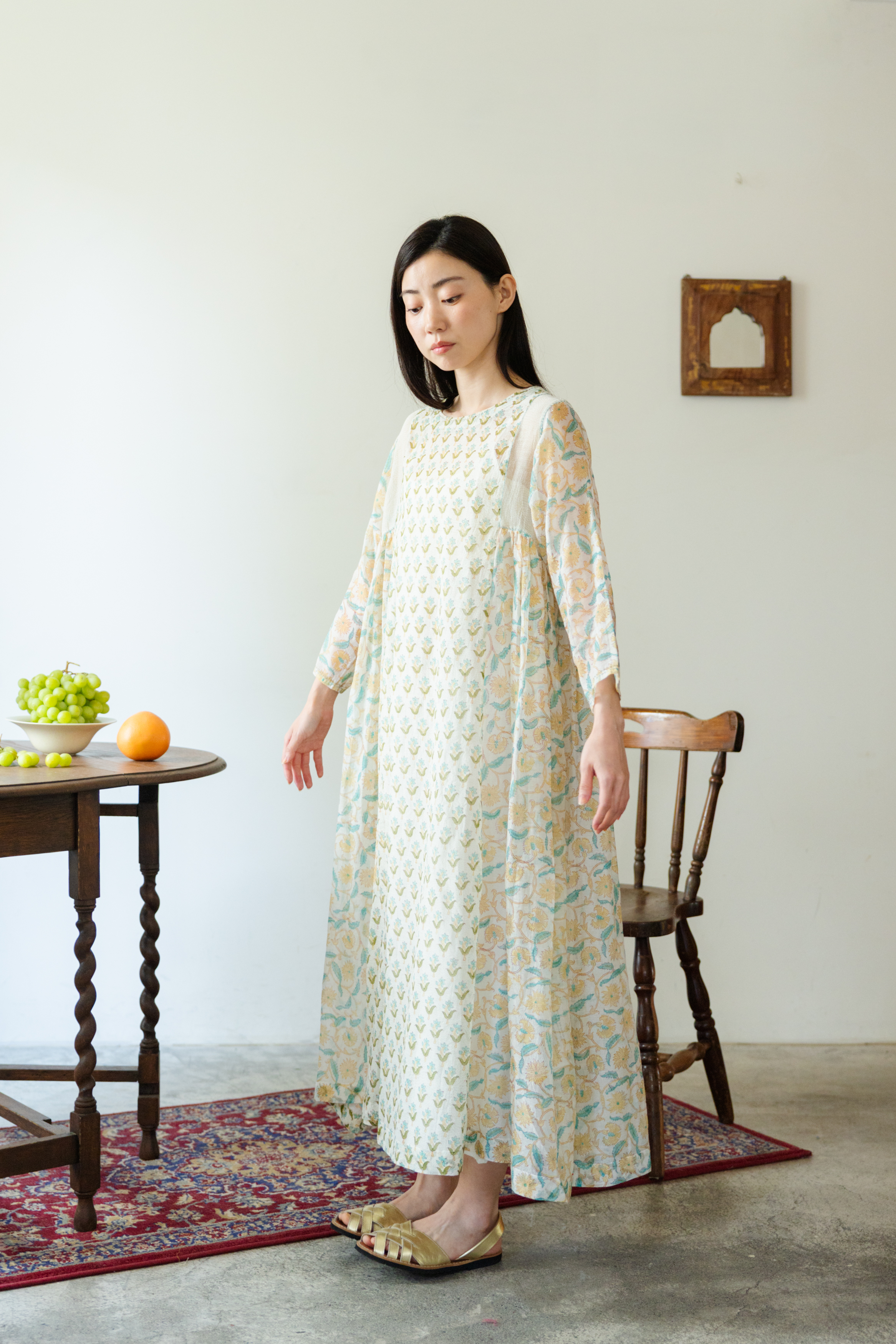 【Lotus veda】圓領絲綿小黃花蓋印洋裝