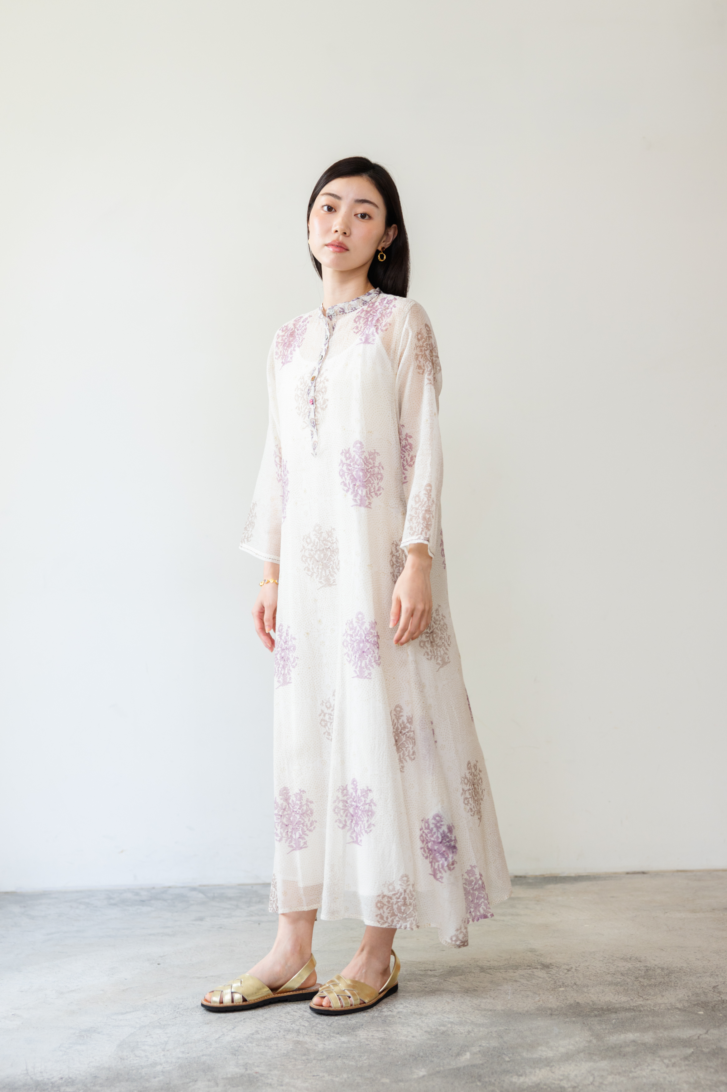 【Lotus veda】紫花蓋印七分袖絲棉洋裝