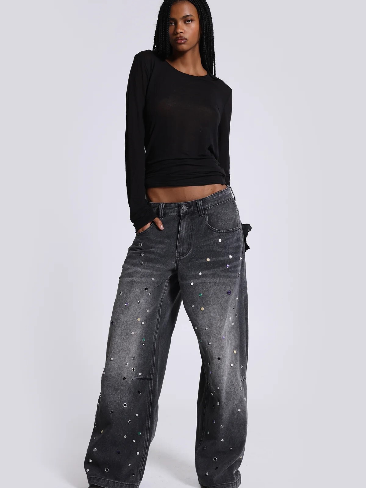 JADED LONDON 彩色鑲鑽鉚釘 低腰寬鬆牛仔褲 Trixa Jewel Studded Colossus Jeans JWL5437