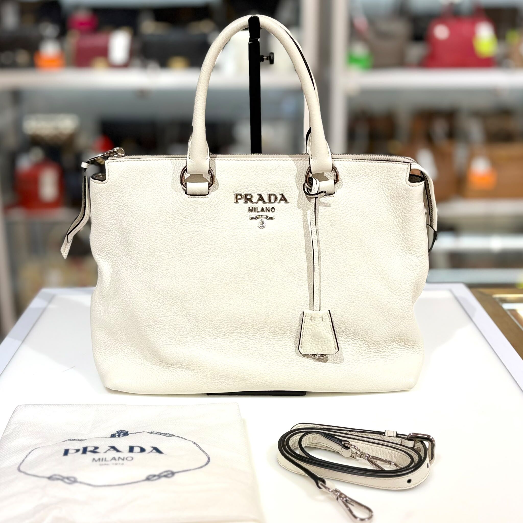 98%NEW二手PRADA單肩包 Vitello Phenix 白色荔枝紋牛皮托特包  #香榭站正品