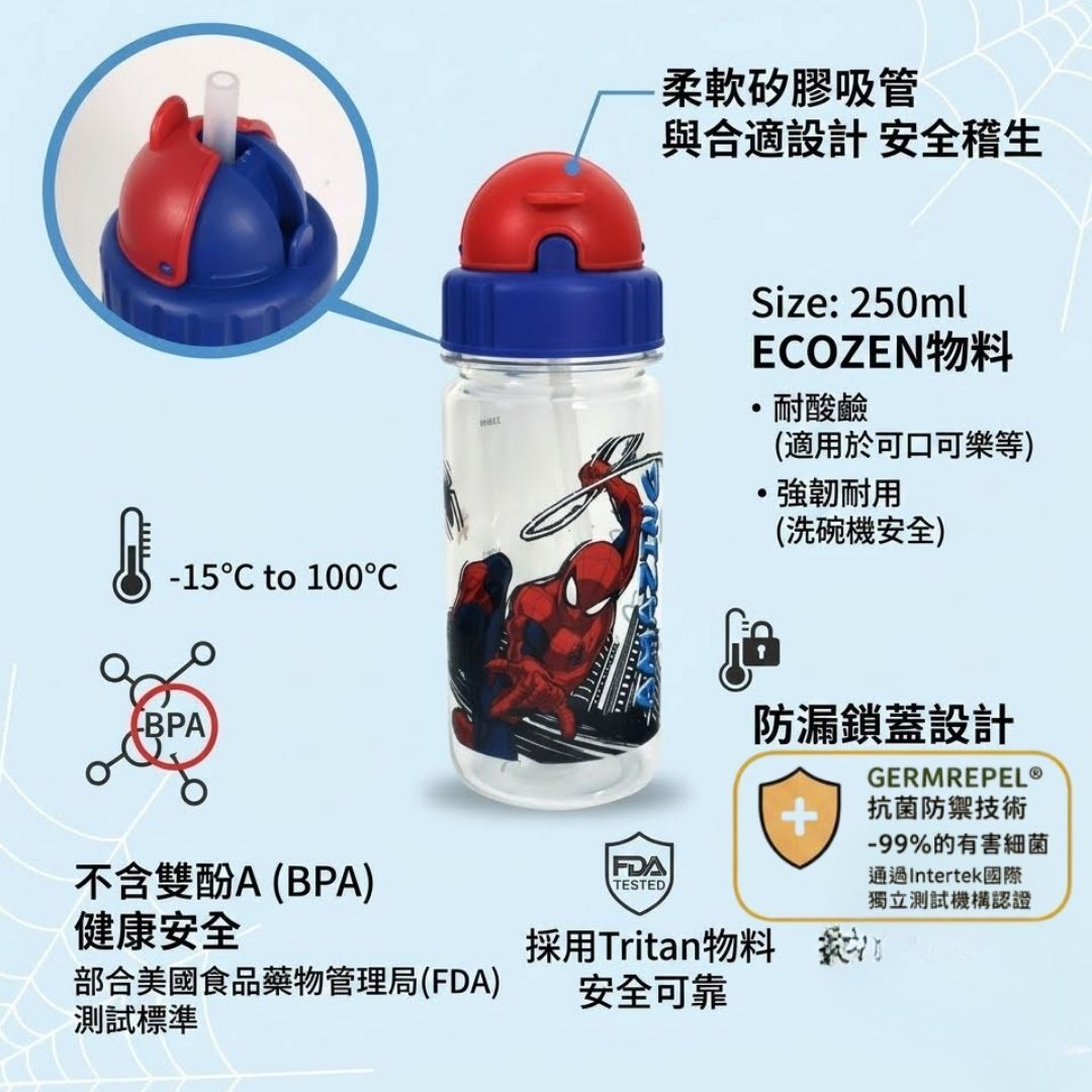 Marvel 蜘蛛俠 - 便攜式吸管水樽- 抗菌(250ml)