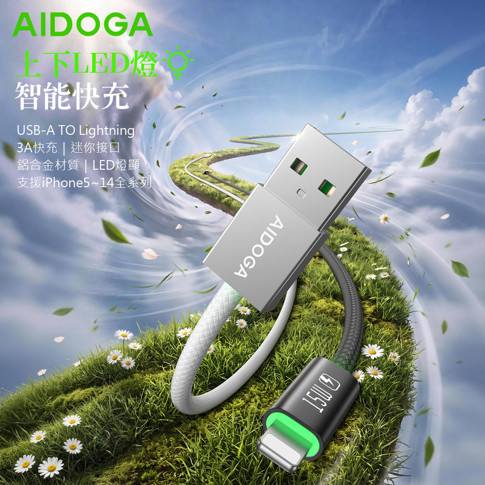 AIDOGA 艾迪伽 上下LED 超薄 USB-A TO Lightning充電傳輸編織快充線 LightFlex系列 1.2M 支援iPhone5-14系列