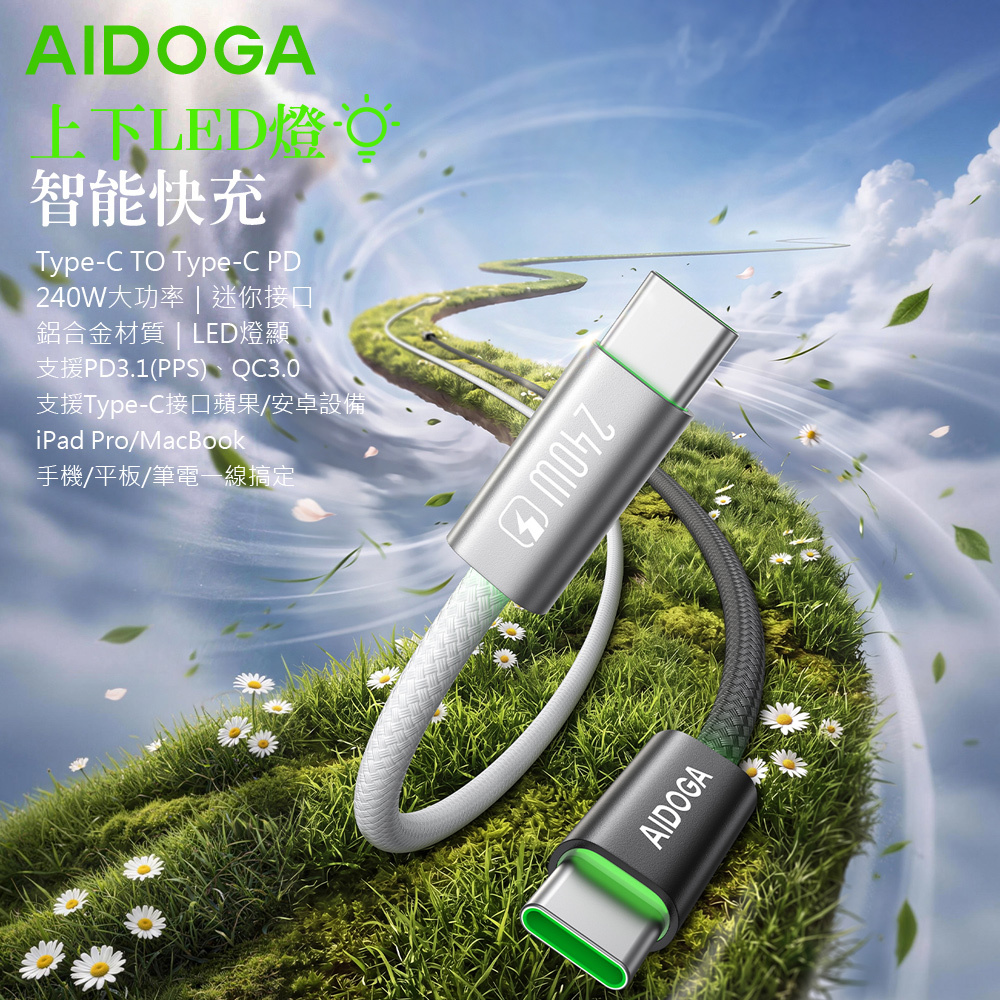 AIDOGA 上下LED 240W USB-C TO Type-C PD充電傳輸編織快充線 超薄 LightFlex系列 1.2M 支援iPhone17/安卓/手機/平板/筆電