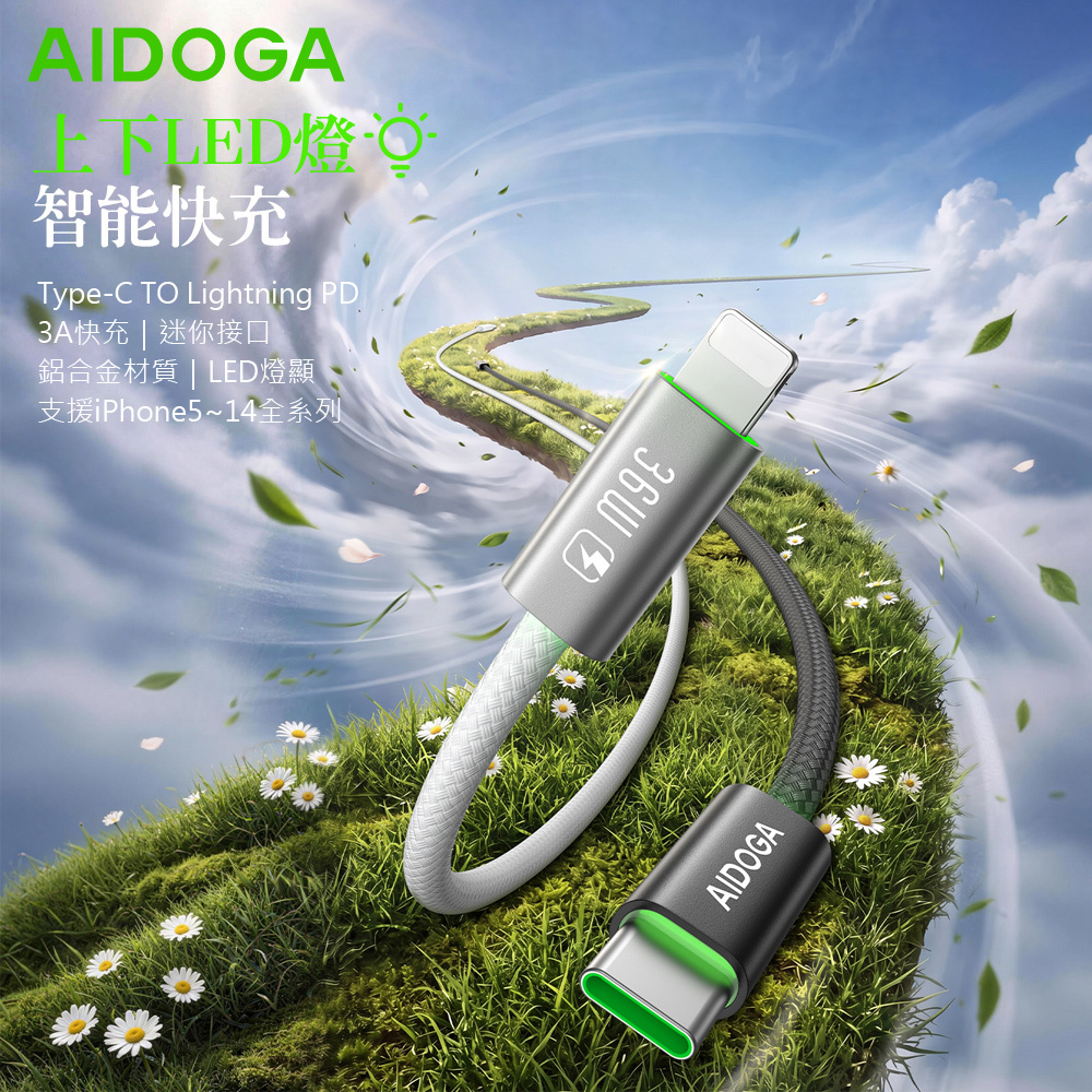 AIDOGA 上下LED 超薄 Type-C TO Lightning PD充電傳輸編織快充線 LightFlex系列 1.2M 支援iPhone5-14系列/iPad