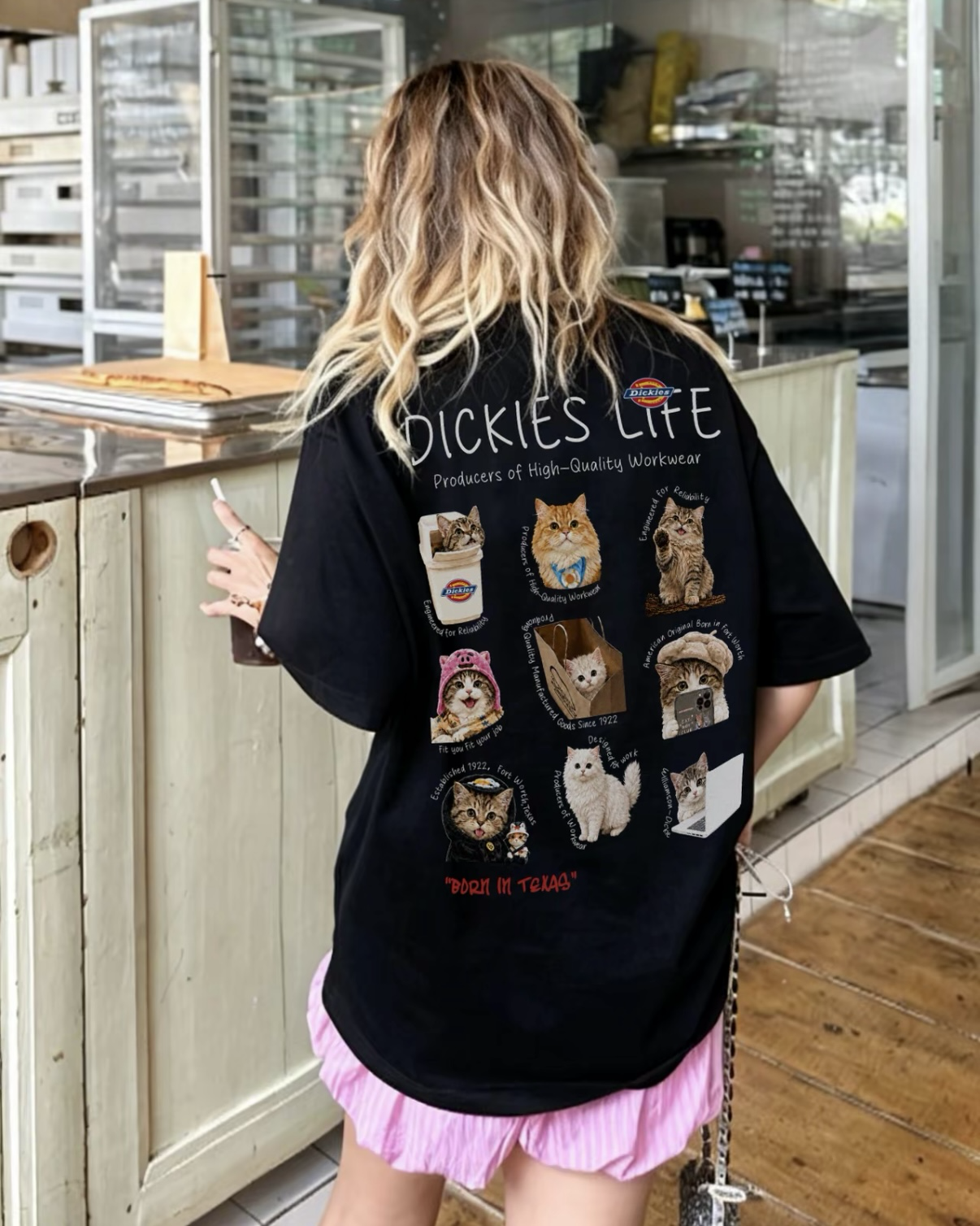 <48小時後恢復原價>DICKIES 貓咪圖鑑 印刷 落肩 圓領 短袖 短Tee 上衣 4色