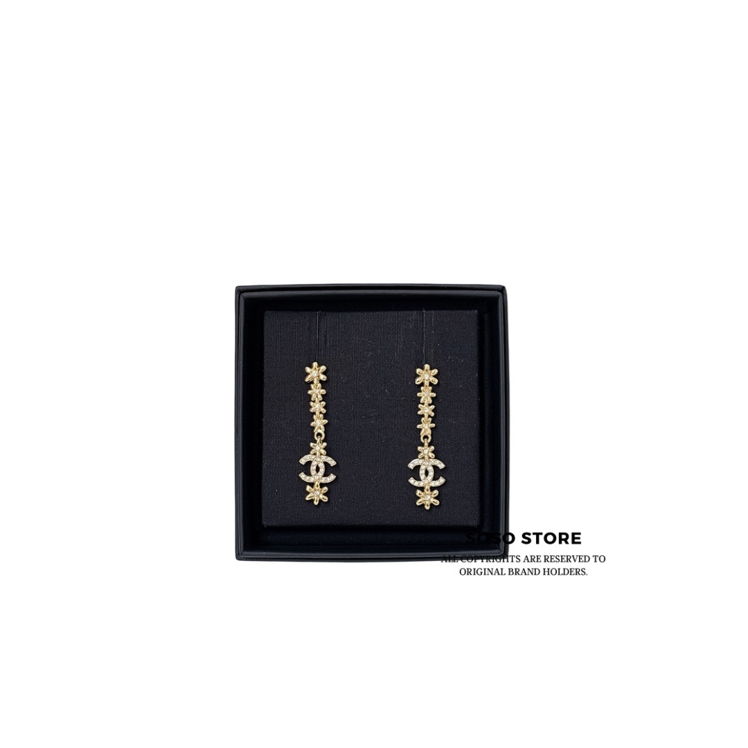 Chanel Gold-tone Crystal CC Flower Drop Earrings - Gold / GHW