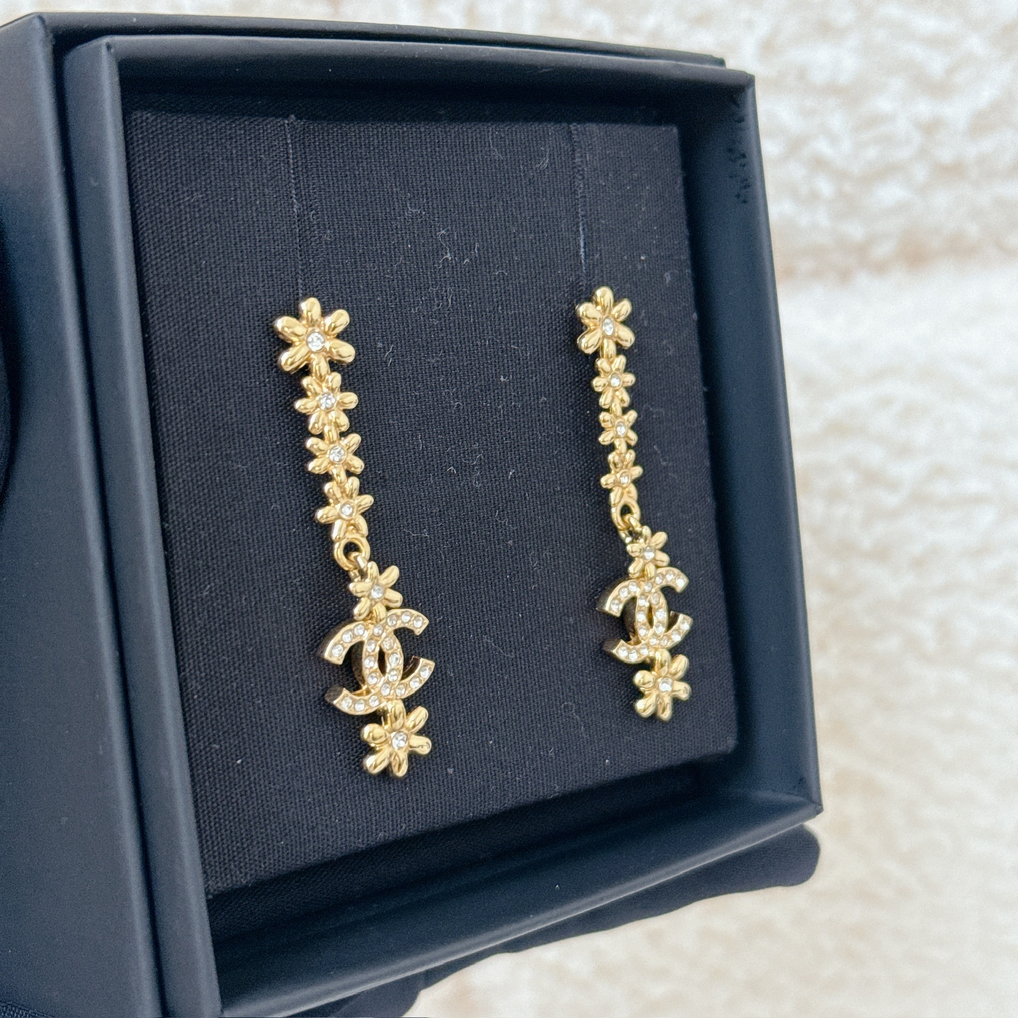 Chanel Gold-tone Crystal CC Flower Drop Earrings - Gold / GHW