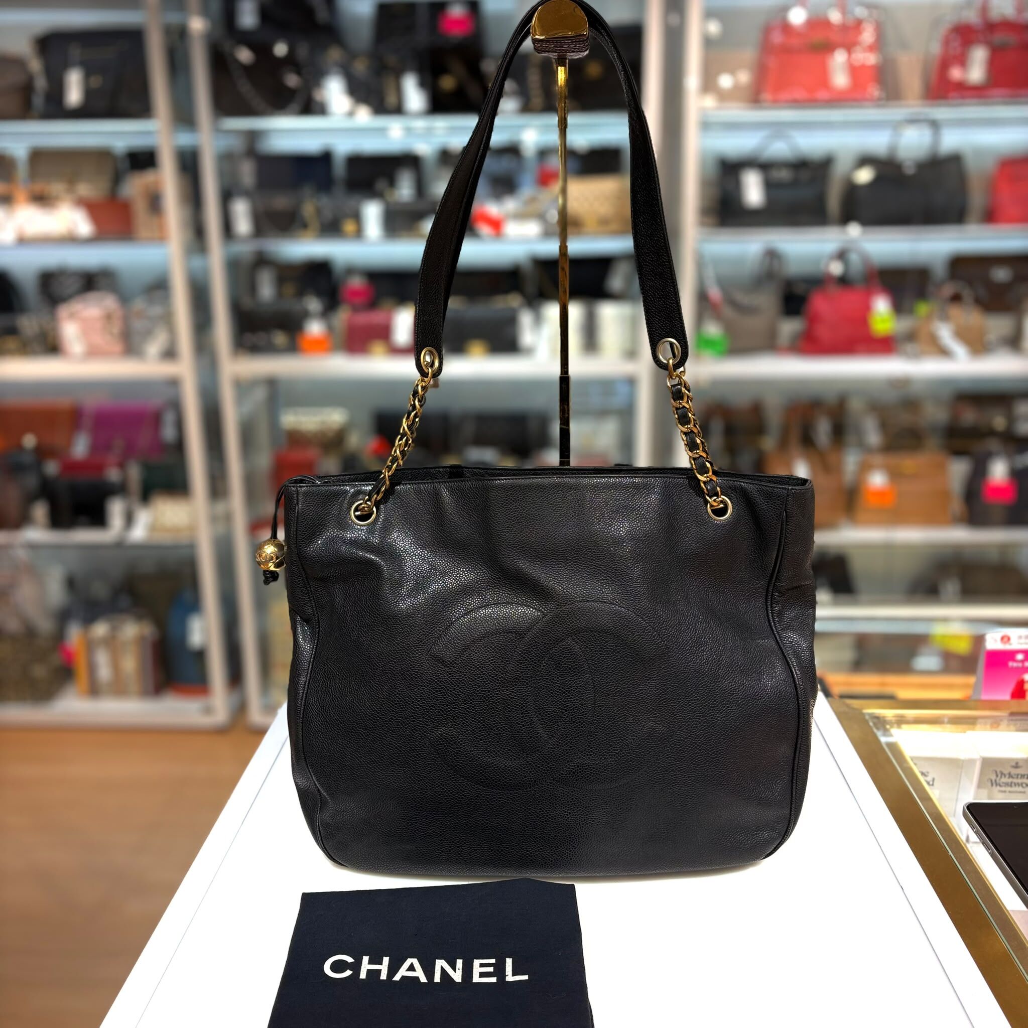 收藏品！95%NEW~CHANEL VINTAGE 金球 TOTE BAG 黑色荔枝皮金扣 #香奈兒中古包 #香榭站正品