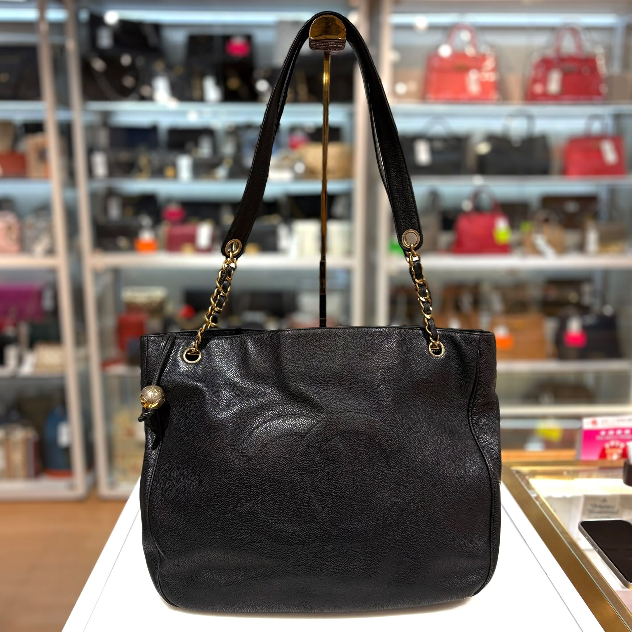 收藏品！95%NEW~CHANEL VINTAGE 金球 TOTE BAG 黑色荔枝皮金扣 #香奈兒中古包 #香榭站正品
