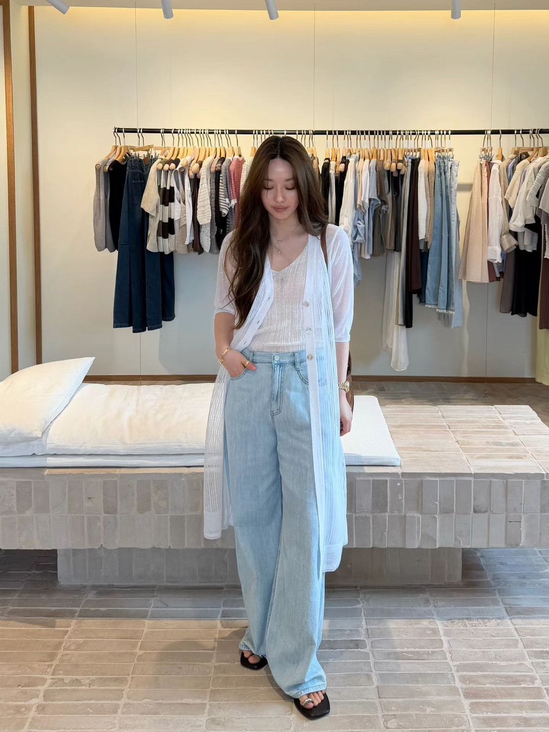 短袖薄亞麻長罩衫