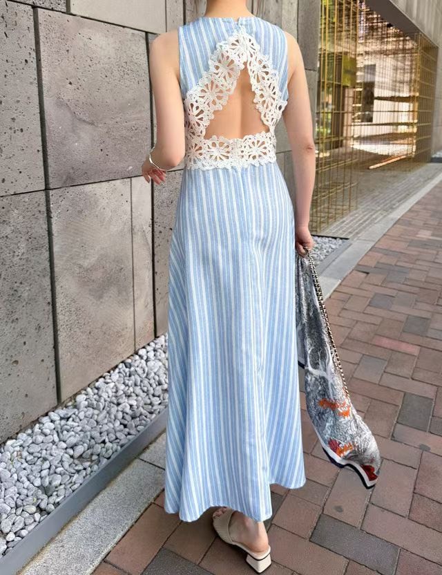 藍色直線蕾絲美背洞長洋裝
