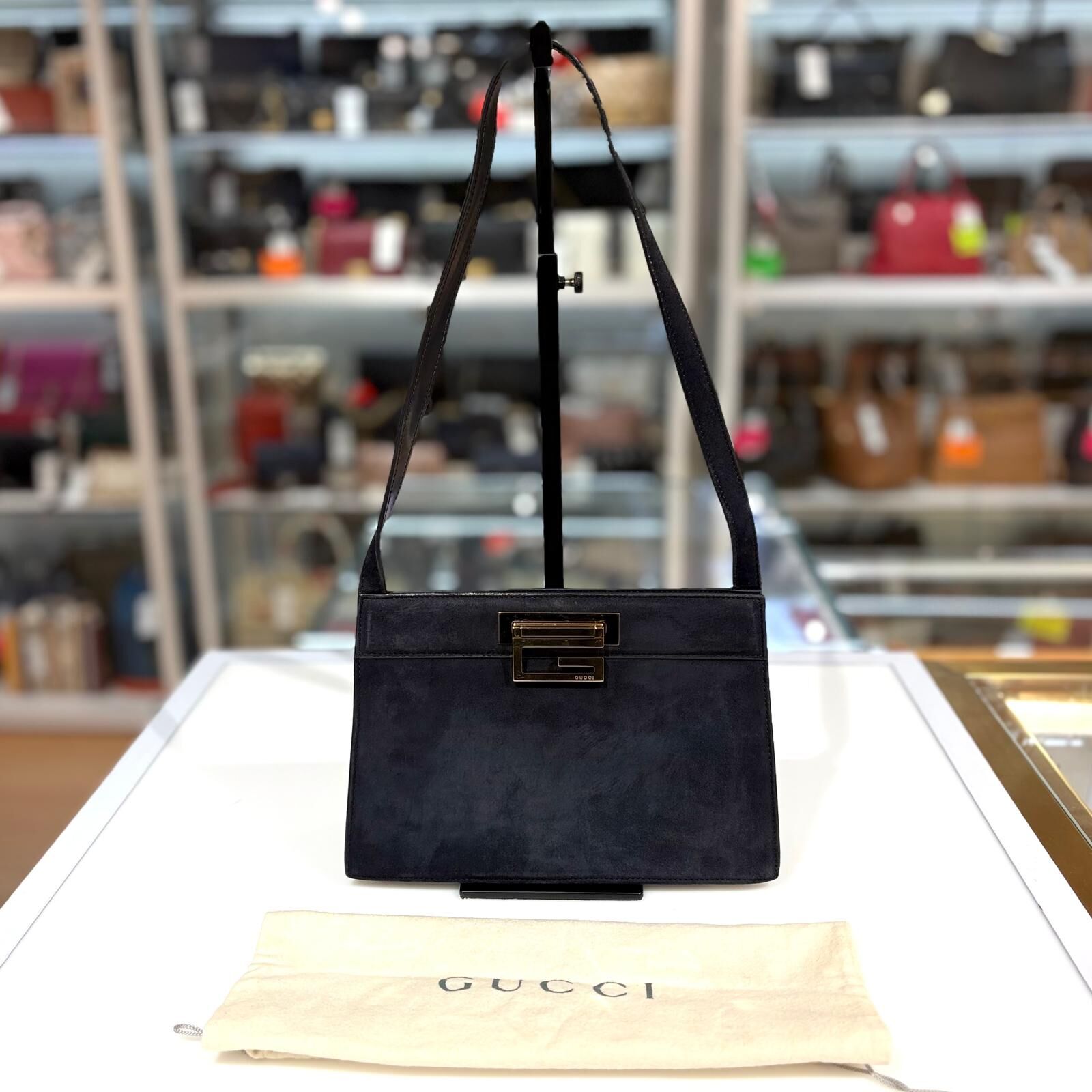 98%NEW二手GUCCI單肩包 30455562 Square G handbag 藍色麂皮金扣 #香榭站正品