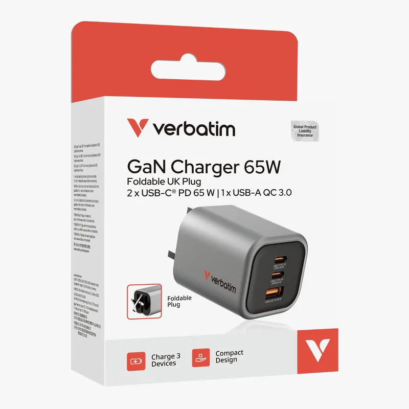 Verbatim Gan Charger 65W Foldable UK Plug - Grey 32351