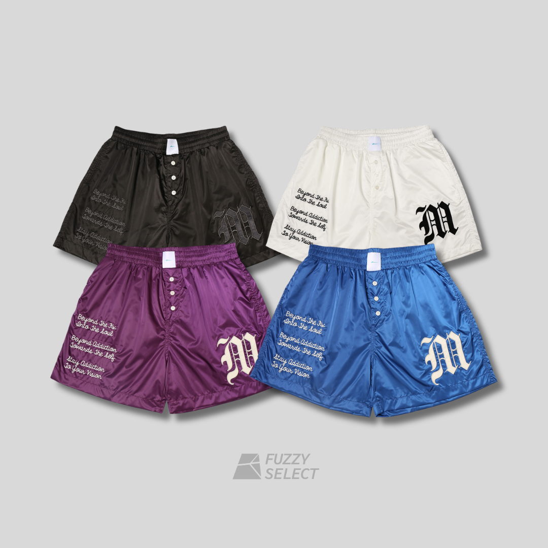【逢甲FUZZY】MTA Satin Shorts 光澤 緞面 刺繡 復古 短褲 黑 白 藍 紫 M26SSST
