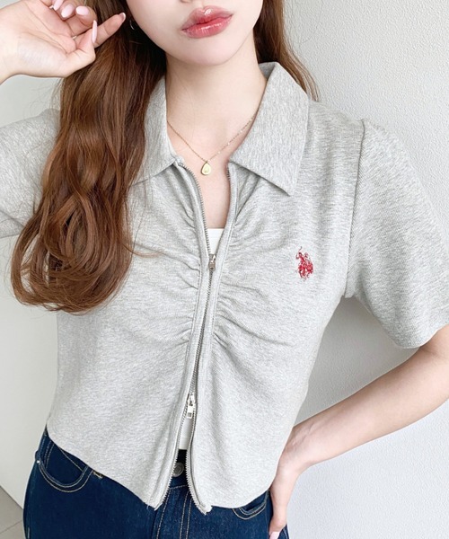 U.S. POLO ASSN. 別注款 夏季短袖 抓皺開襟針織衫