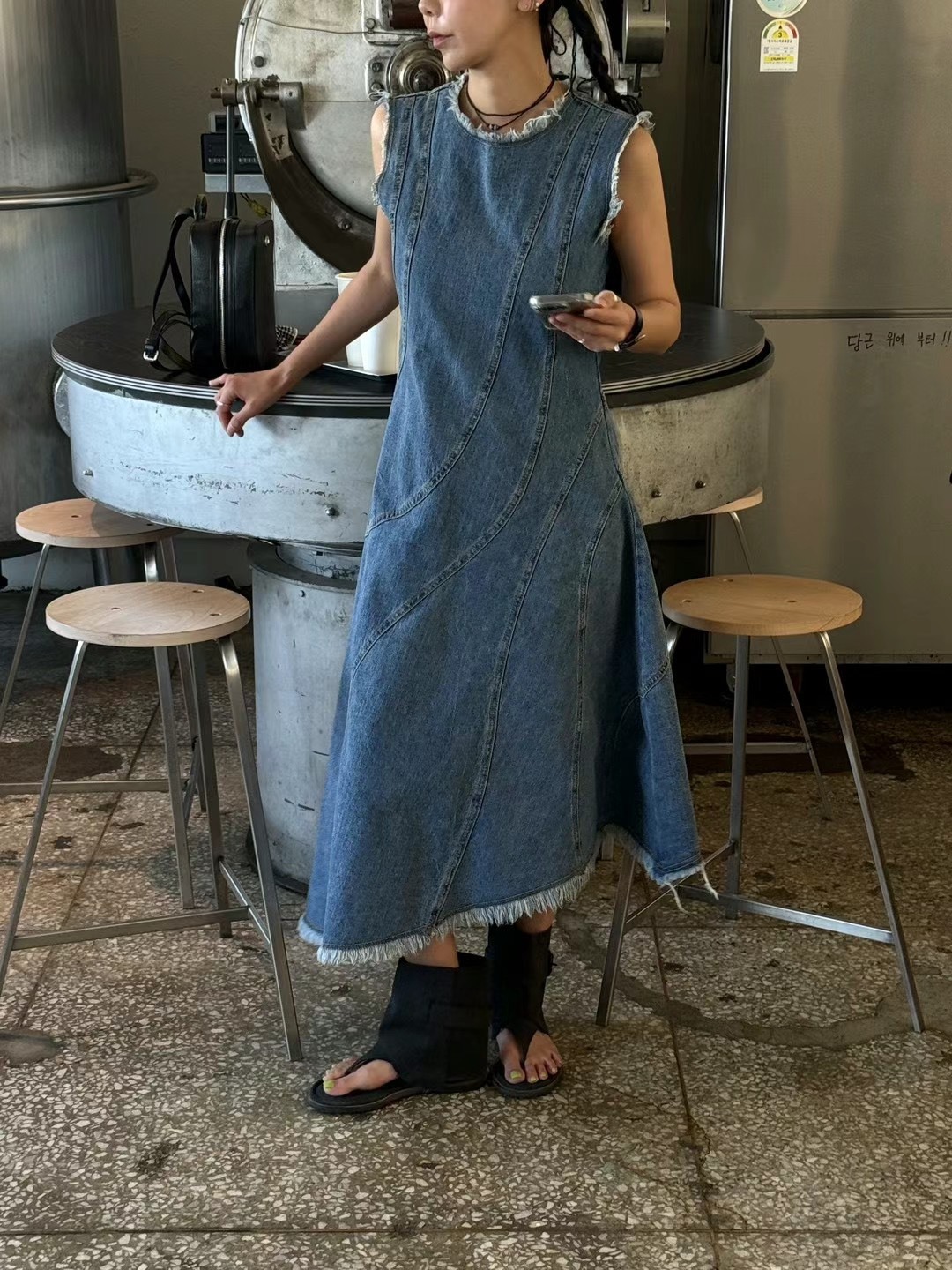 牛仔拼車無袖長洋裝