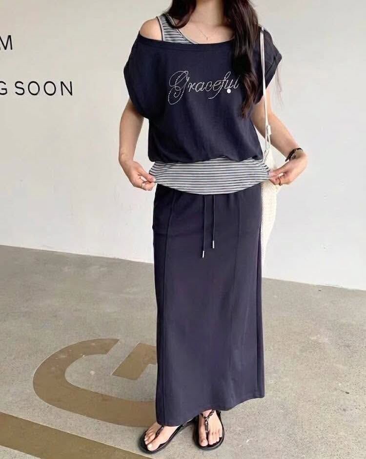 【簡約百搭假兩件背心上衣+長裙套裝組】（現貨）