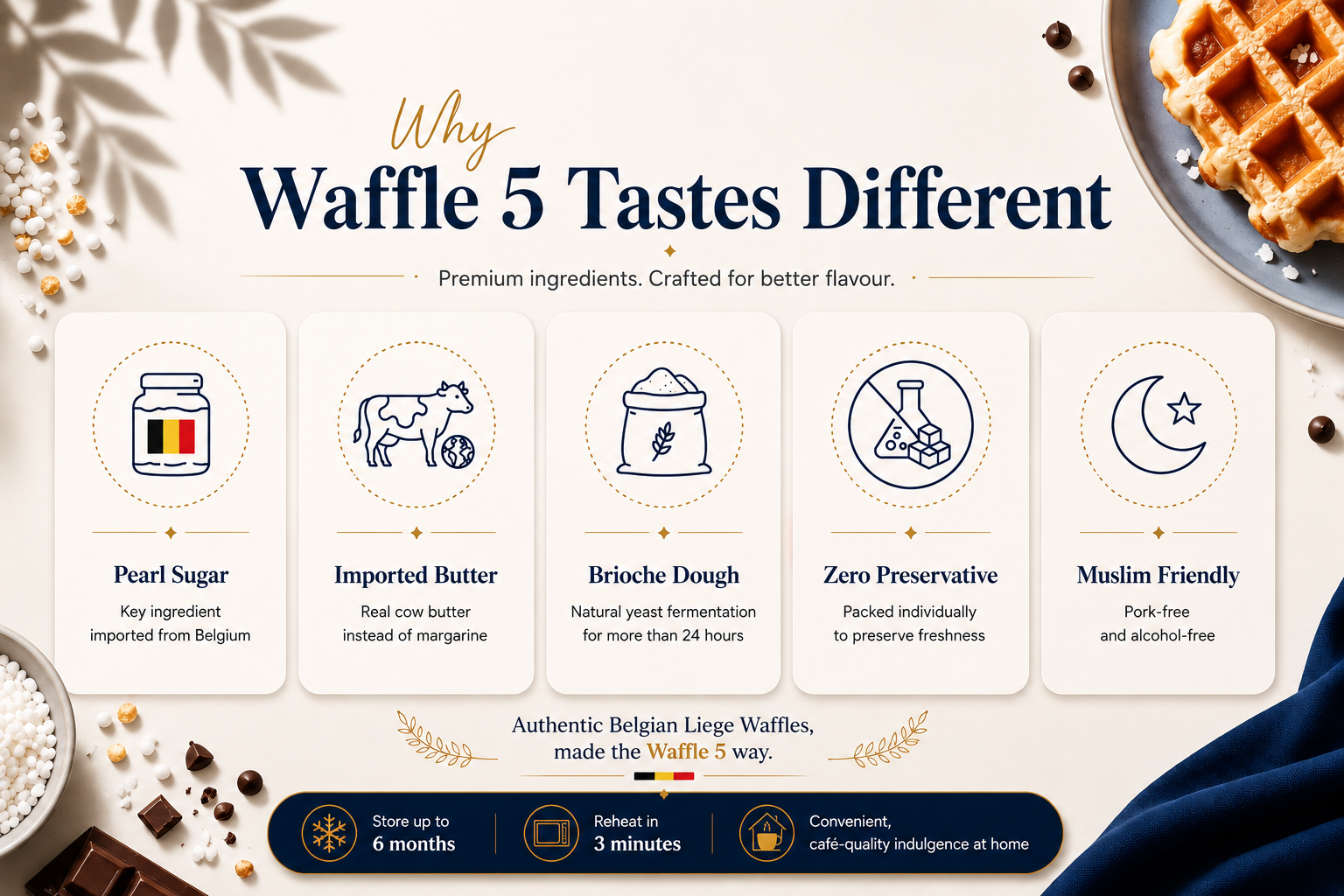 Waffle5 authentic Belgian Liege waffles made with premium ingredients in Malaysia