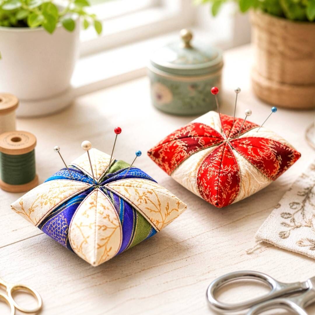 紅白與藍綠花布製作的四瓣花立體針插 Four-petal fabric pincushions