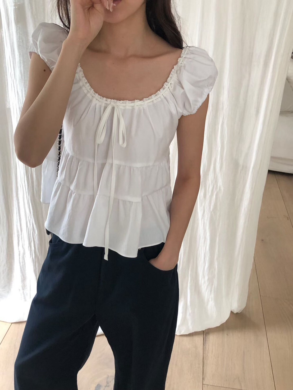 甜美女子蕾絲滾邊綁帶傘擺娃娃上衣 / 3色