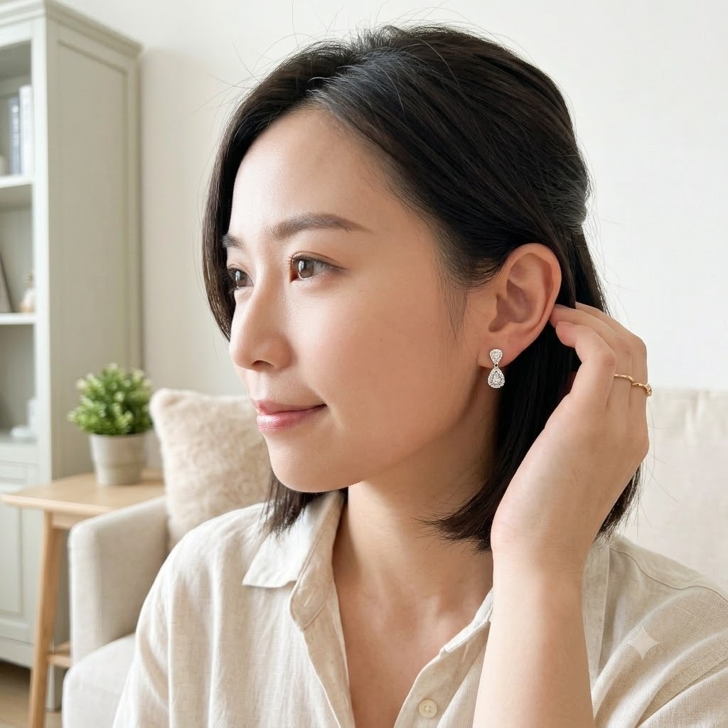 全新18K白金【主石50份梨形鑽石】配小鑽共65份鑽石吊耳環