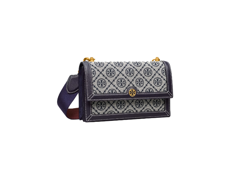 【Tory Burch】T MONOGRAM 緹花迷你肩揹包 (雙背帶)  藍