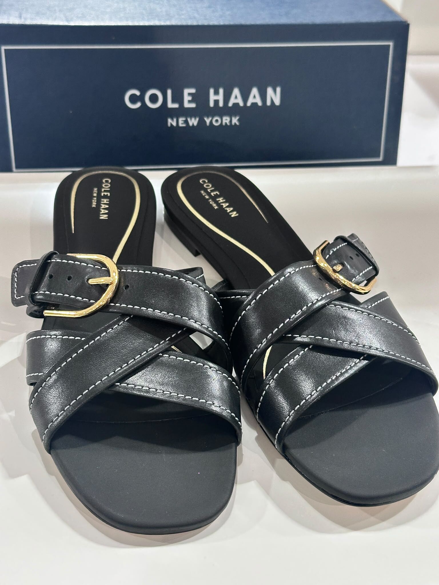 UN05 Cole Haan 女裝 黑色皮 編織帶拖鞋 Velma Buckle Slide Sandals