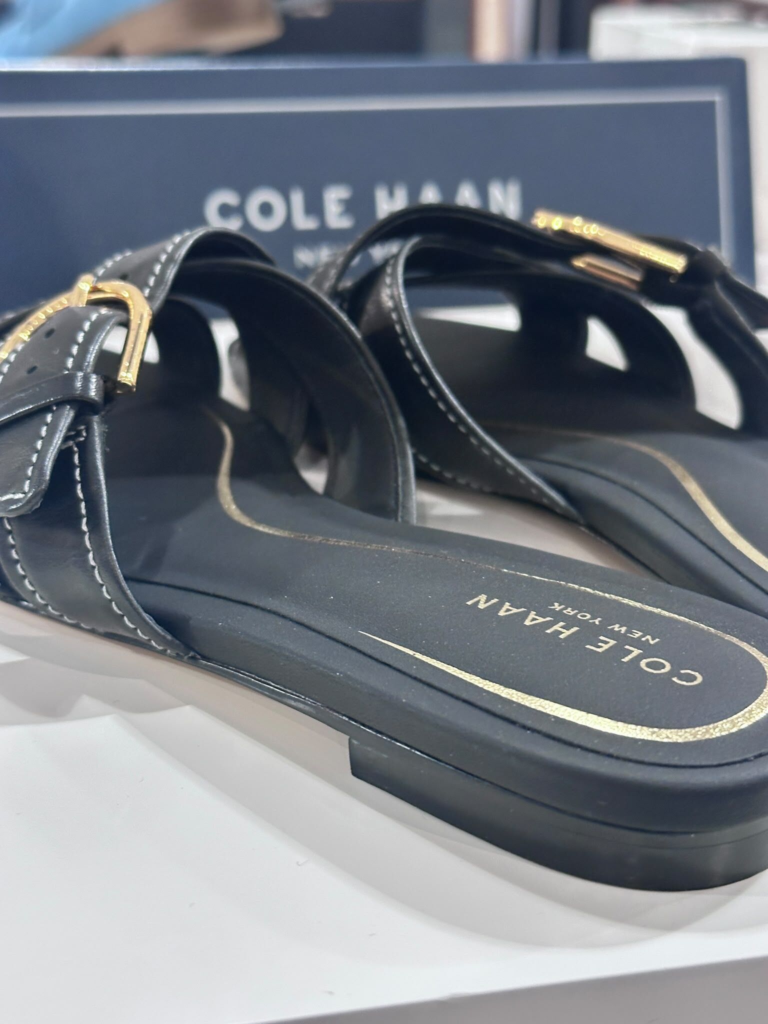 UN05 Cole Haan 女裝 黑色皮 編織帶拖鞋 Velma Buckle Slide Sandals