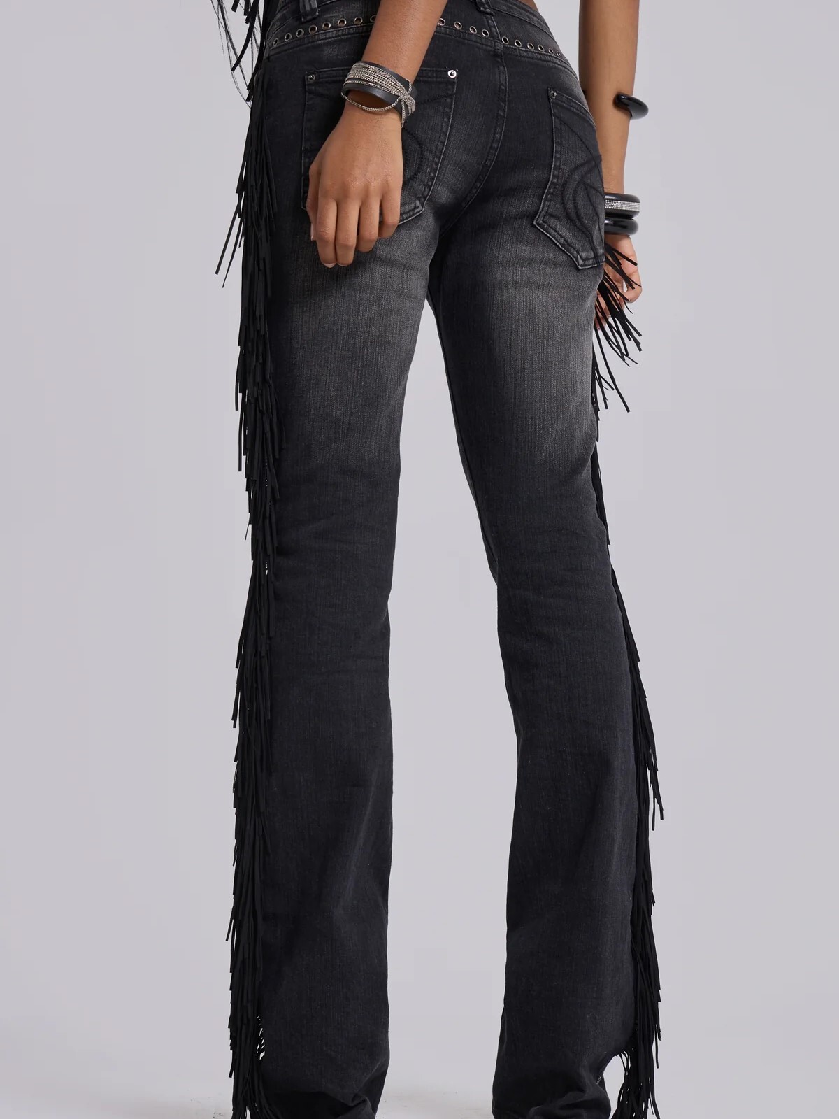 JADED LONDON 麂皮流蘇 低腰修身喇叭牛仔褲 El Topo Fringe Bootcut Jeans in Black Wash JWL5281