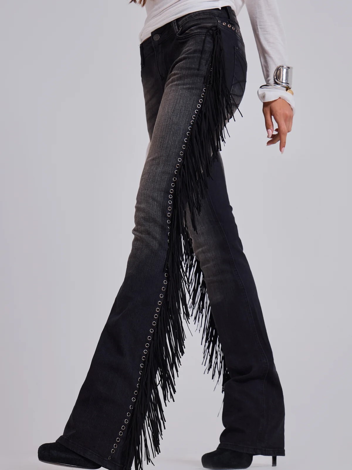 JADED LONDON 麂皮流蘇 低腰修身喇叭牛仔褲 El Topo Fringe Bootcut Jeans in Black Wash JWL5281
