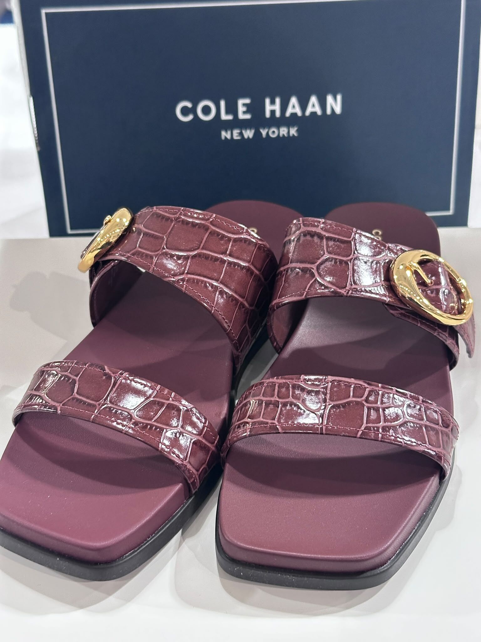 UN19 Cole Haan 女裝 酒紅色鱷魚紋皮 雙帶拖鞋 Oaklynn Double Band Footbed Sandals