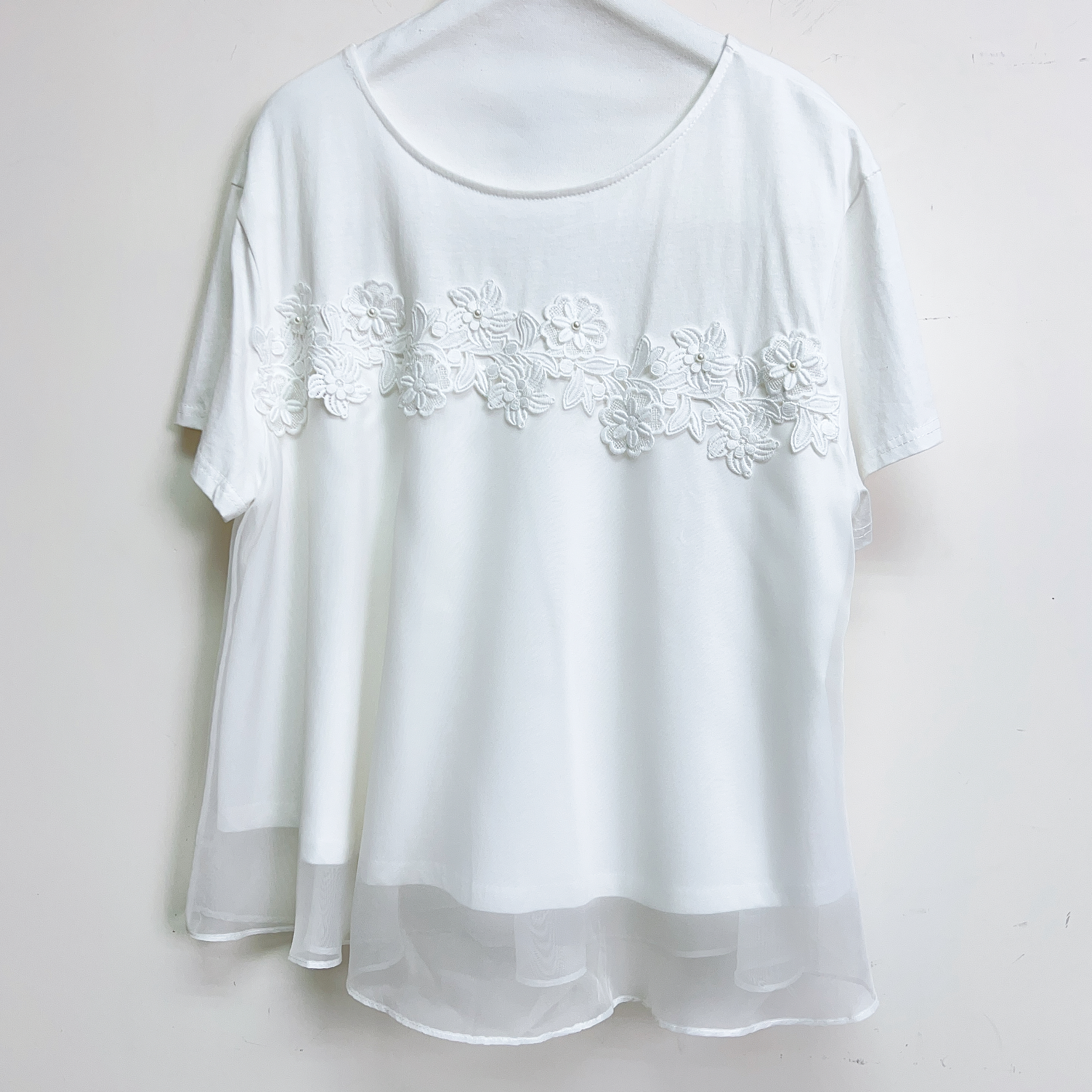 刺繡珍珠立體花花網紗拼接棉質上衣 (胸44 腰48 長24吋) B6747 #2807clo