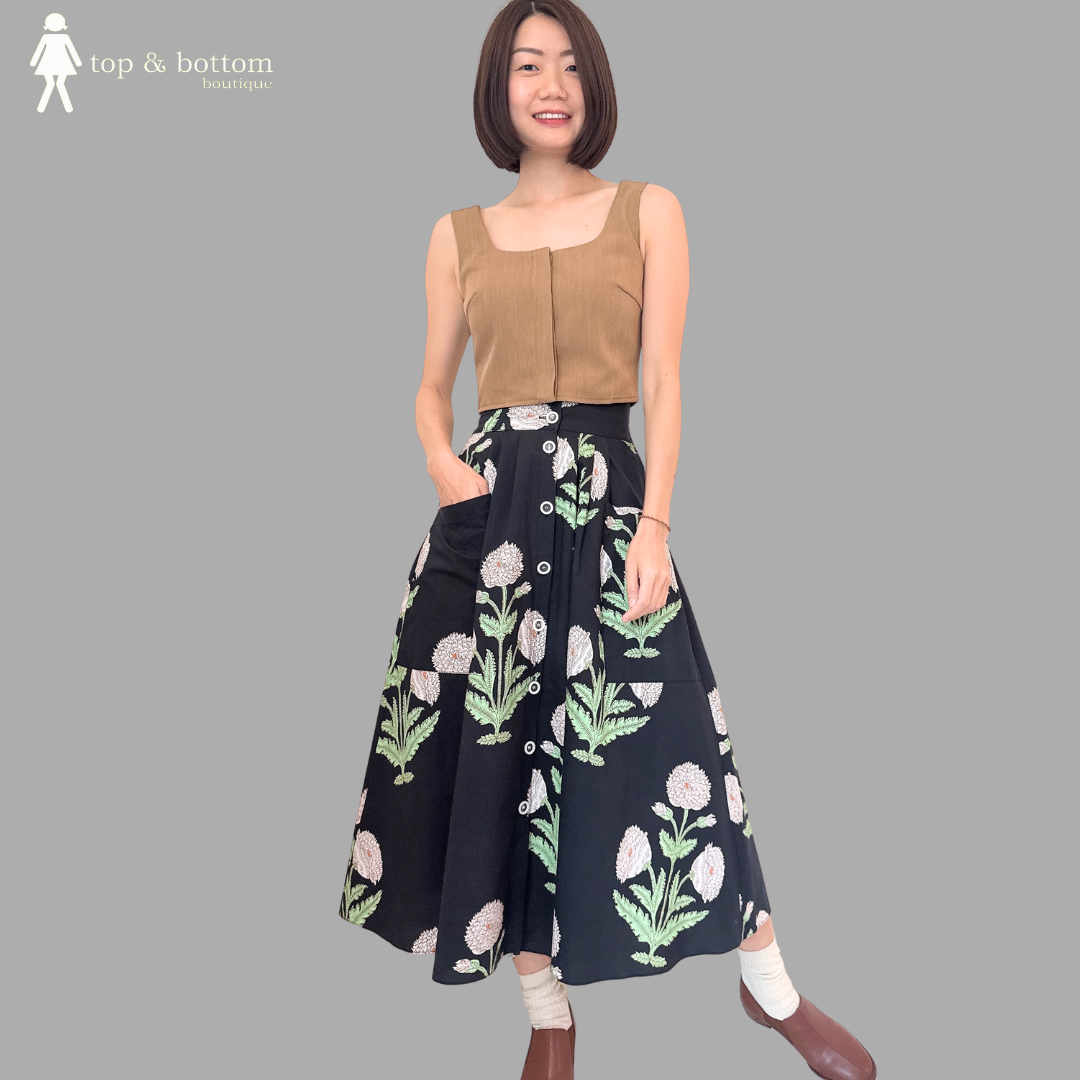 KOREAN COTTON PRINTED POCKET MIDI SKIRT