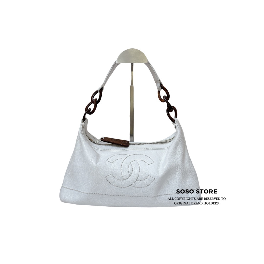 Chanel Vintage Tortoise Caviar Hobo Bag - White / GHW