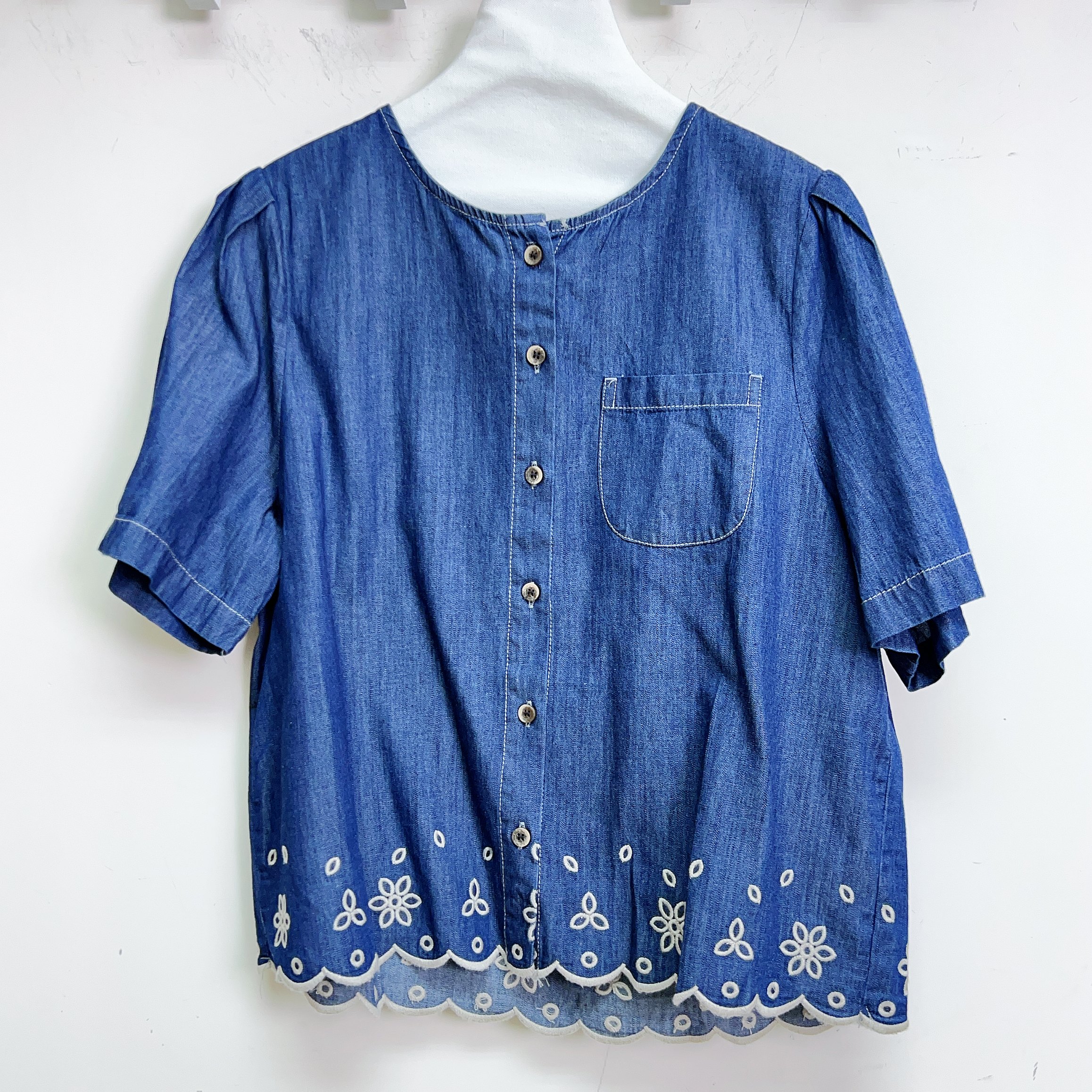單排扣鏤空刺繡波浪邊軟牛仔上衣 (胸40 腰40 長21吋) 6840 #2807clo
