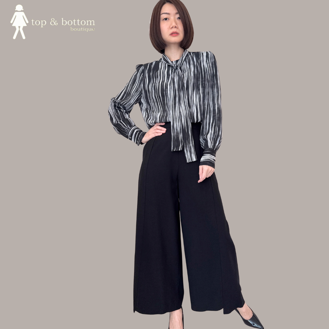 SATIN LONG SLEEVE PRINTED RIBBON BLOUSE