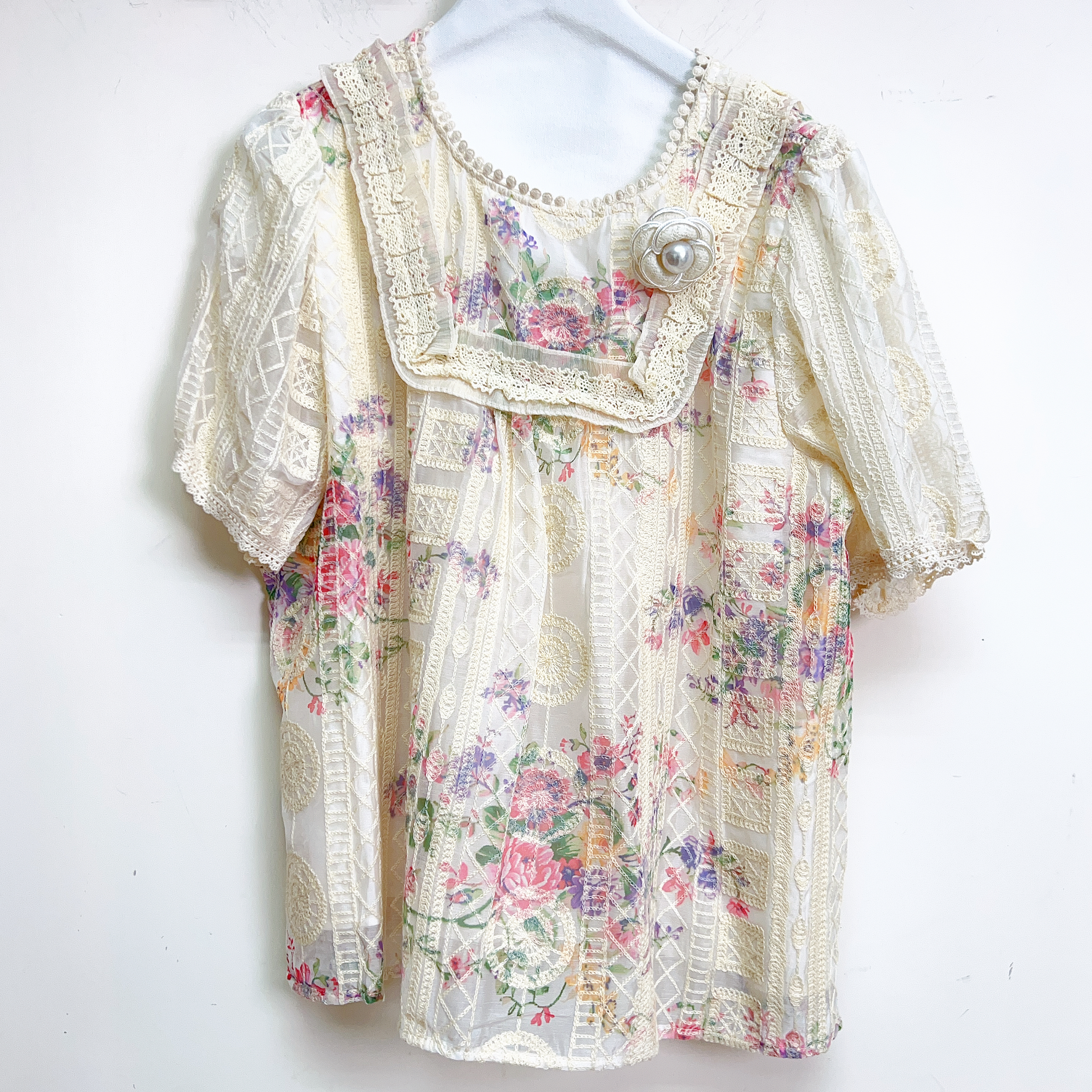 復古染色印花刺繡雪紡上衣 (胸42 腰46 長25吋) B6826 #2807clo