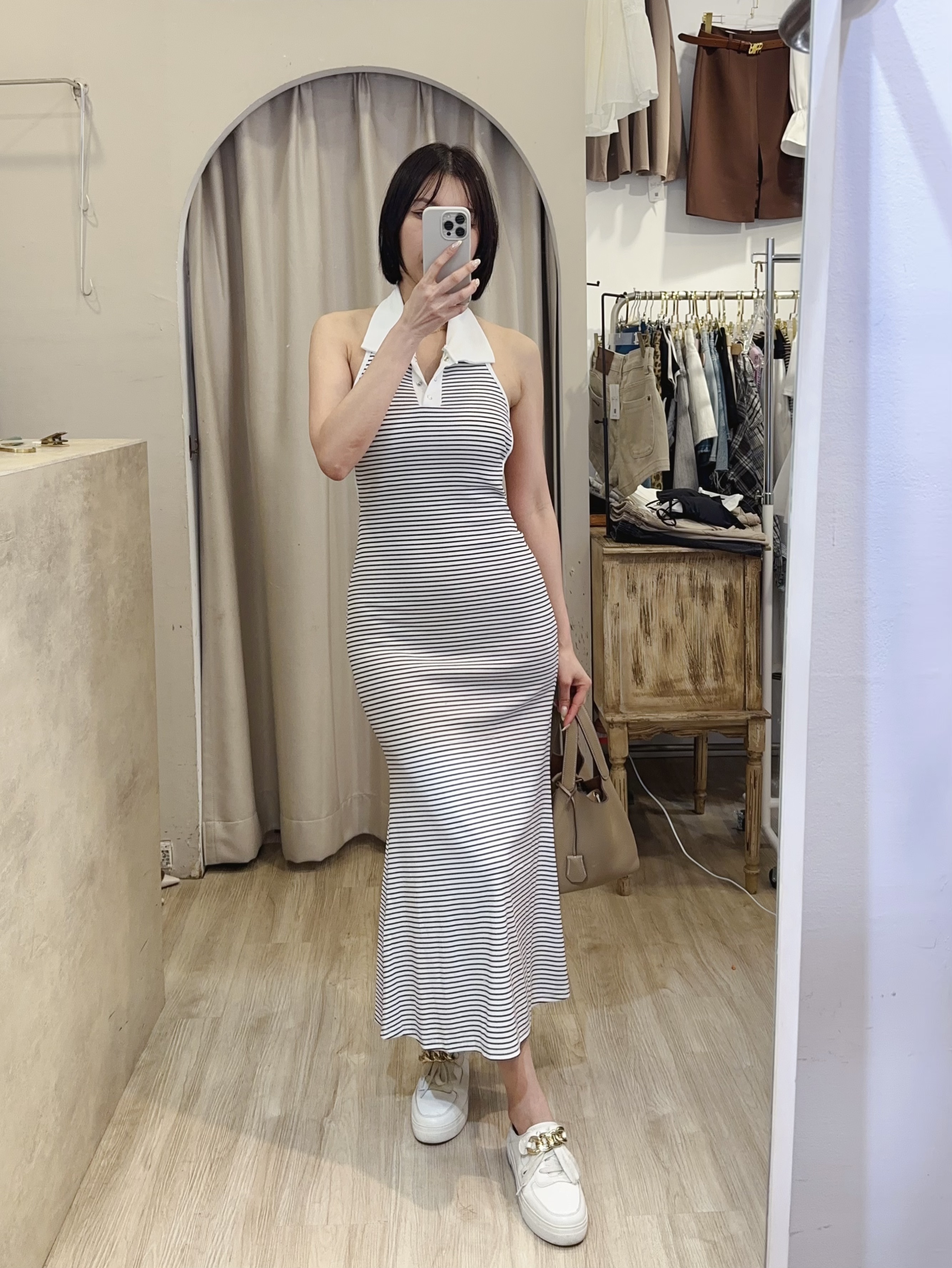 條紋小領子美背魚尾洋裝