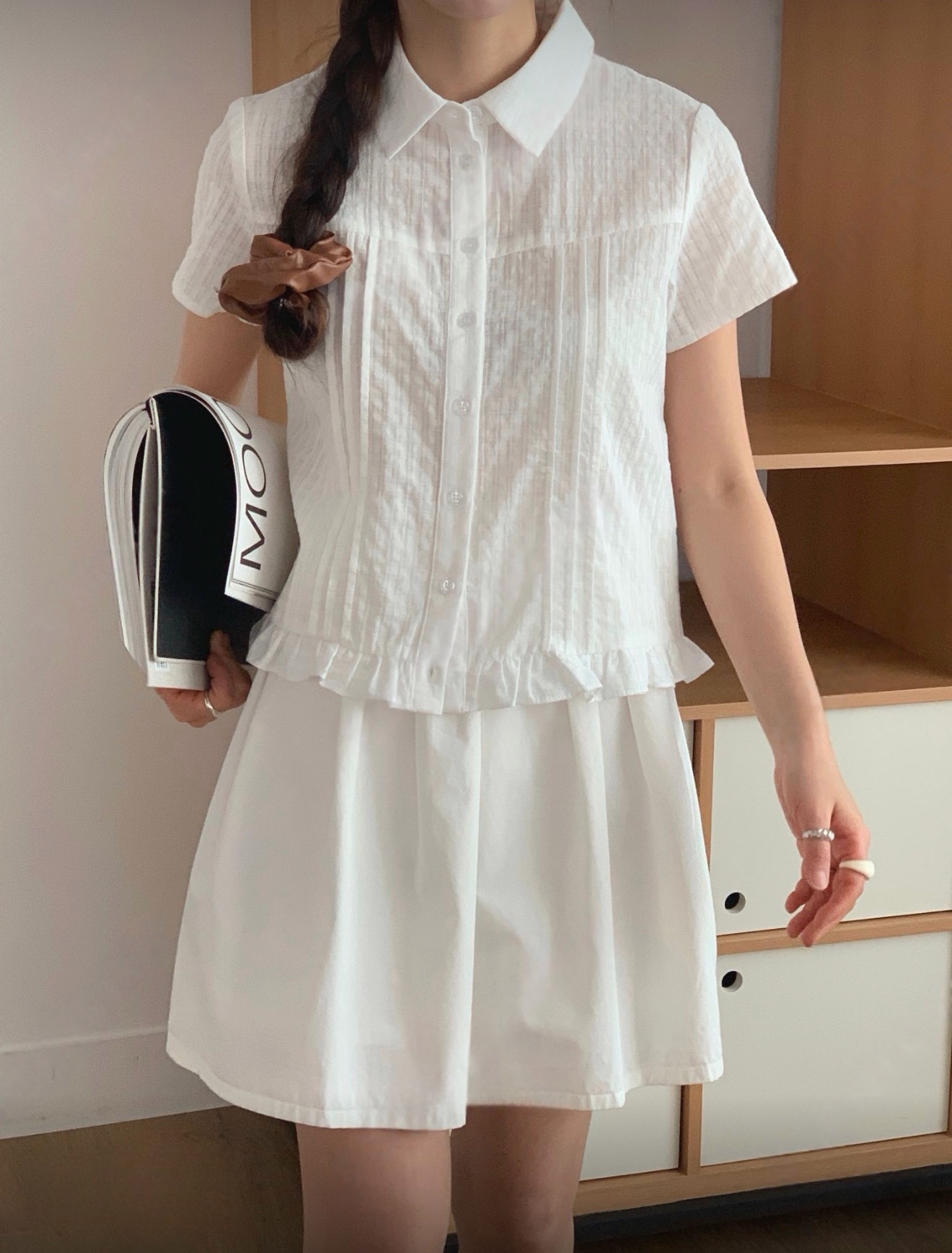 （7月韓國連線）T1397｜暗格紋Polo領ruffle邊短袖裇衫上衣 𐙚⋆°｡⋆♡