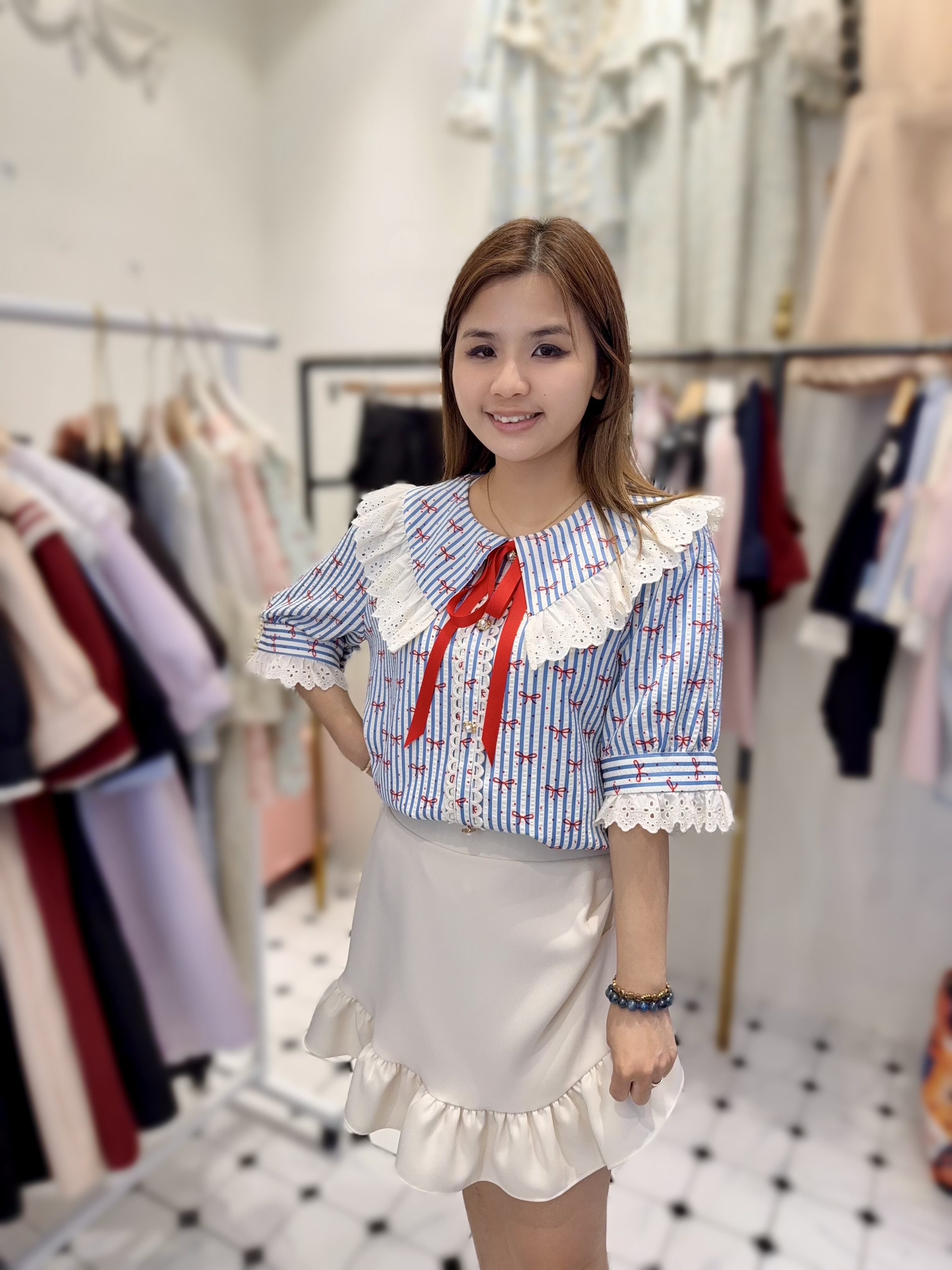 P63  韓風條子蝴蝶結 胸42 長26 $519 (一口價)
