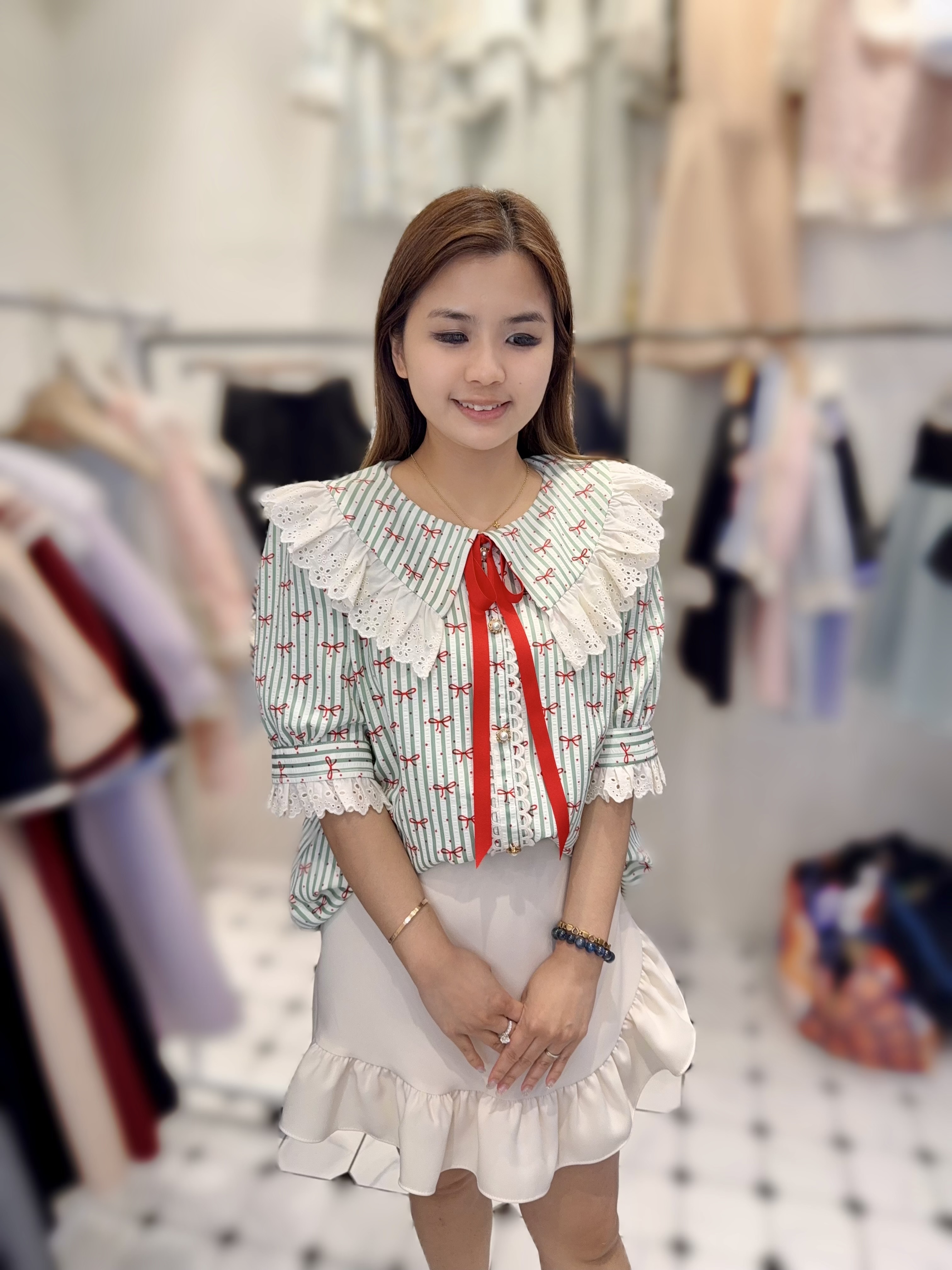 P63  韓風條子蝴蝶結 胸42 長26 $519 (一口價)