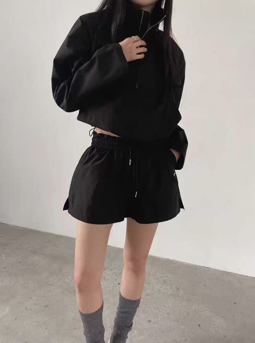 長袖拉鍊縮襬+短褲SET