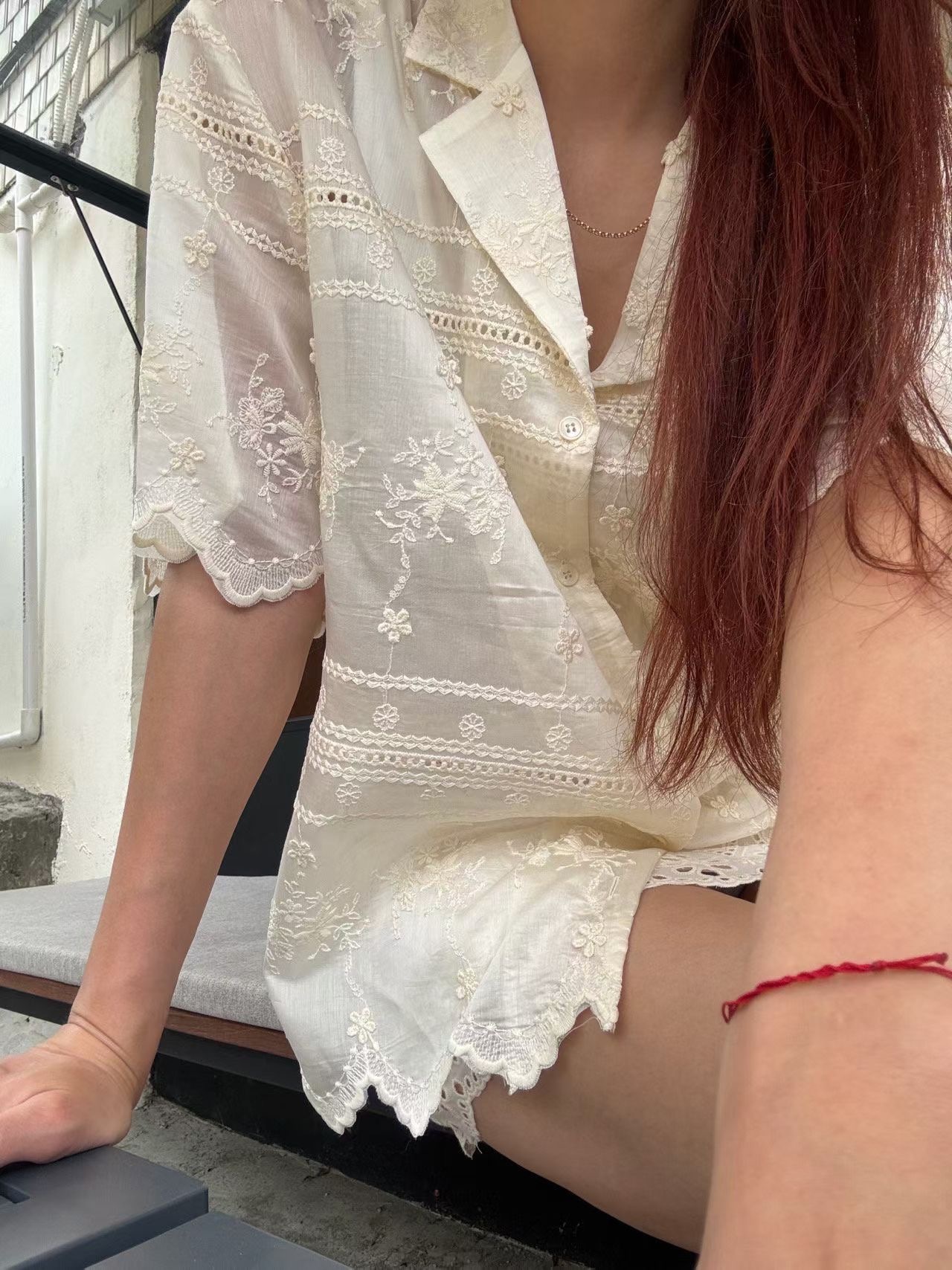 蕾絲短袖休閒風襯衫